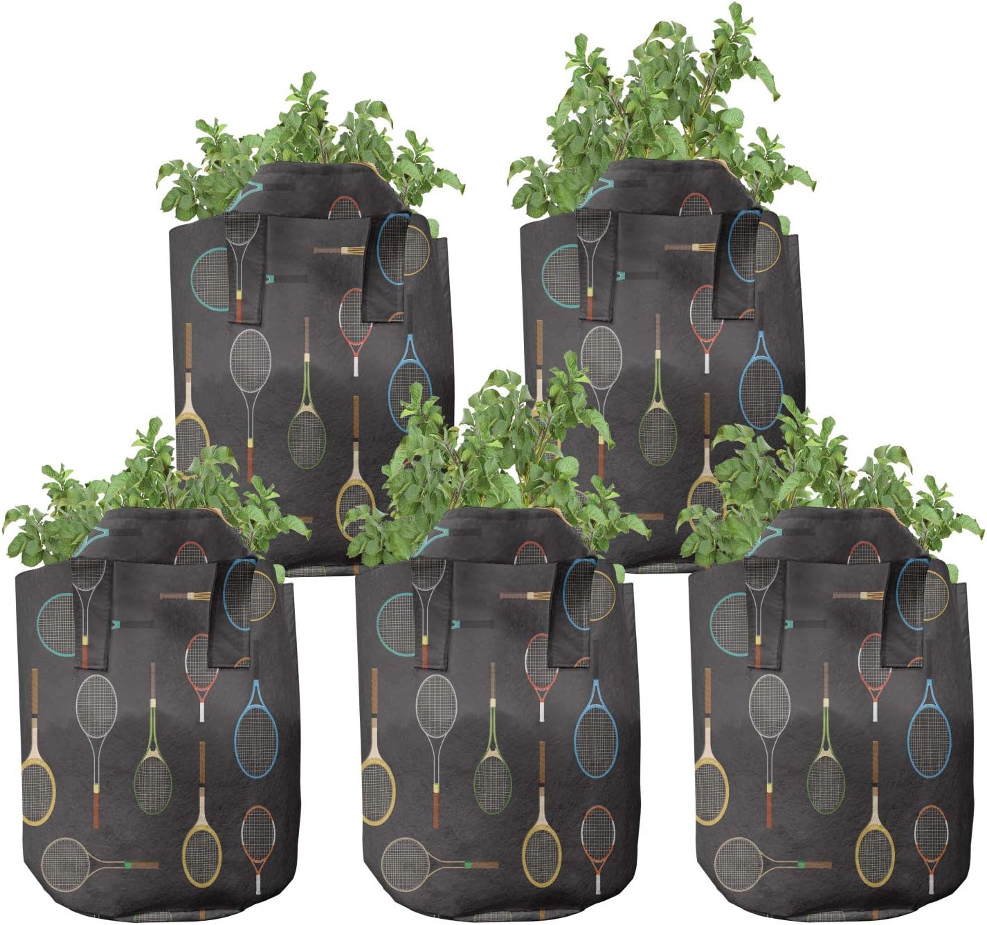 Lunarable Sports Grow Bags 5-Pack, Tennis Bats Rackets Champ, Heavyduty Fabric Pots with Handles for Plants, 7 Gallon, Dark Sepia Multicolor