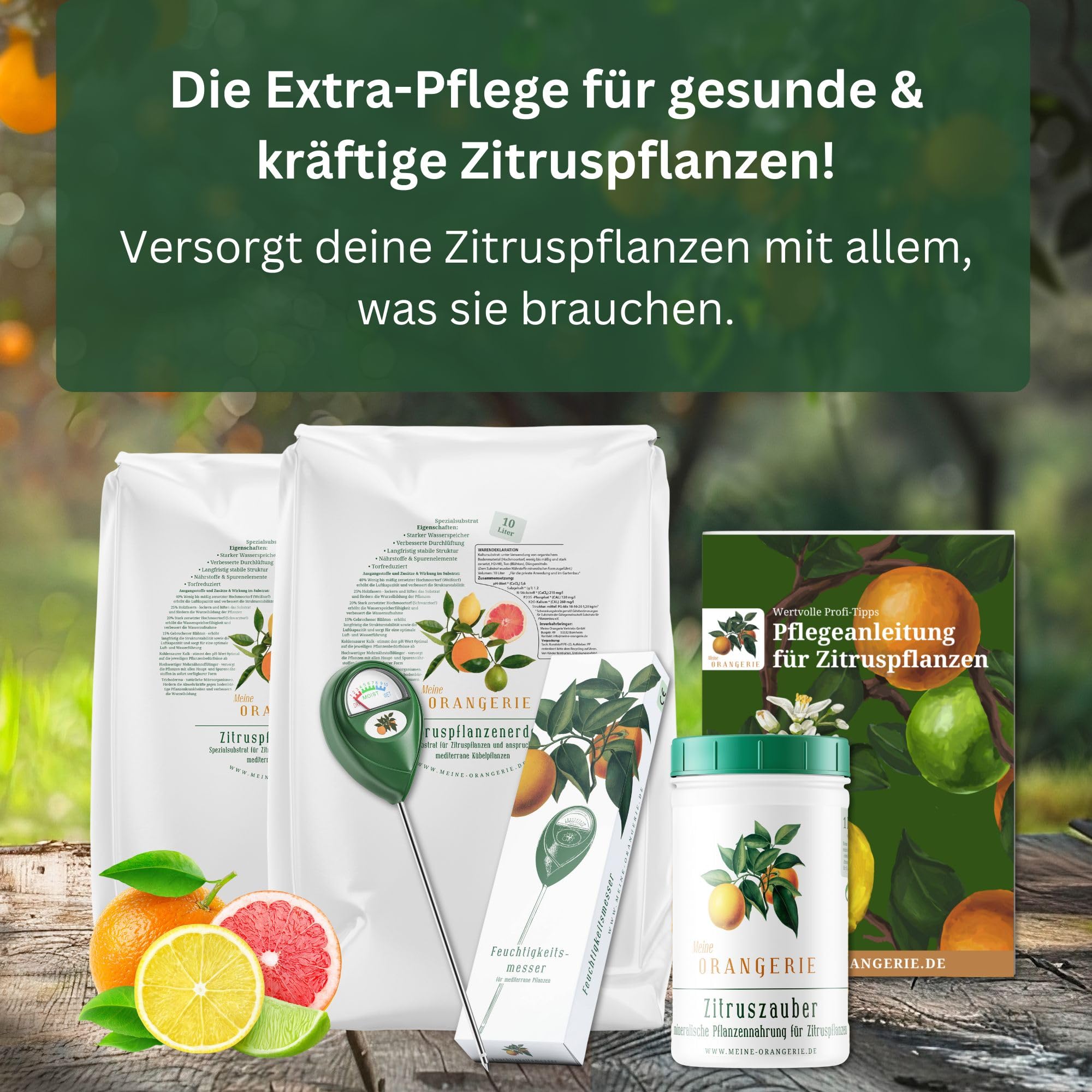 Meine Orangerie Zitrus-Pflegepakete: Starker Zitrusdünger und Zitruserde + nützlicher Feuchtigkeitsmesser + hilfreiche Pflegebroschüre (Mezzo [M])