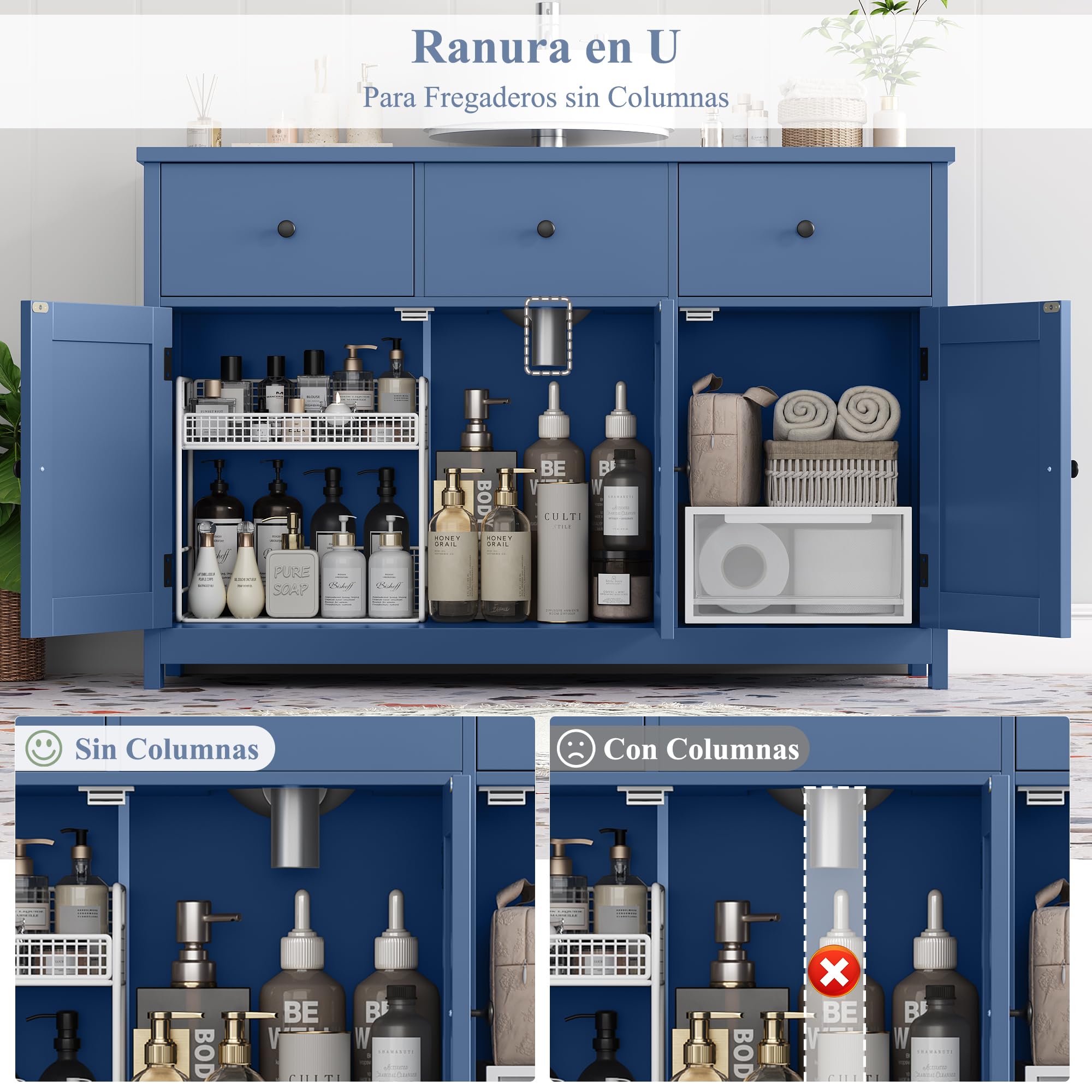 FOREHILL 100cm Mueble Bajo Lavabo, Mueble Baño, Mueble Lavabo con Pie, con 3 Puertas, 2 Cajones, 100 x 30 x 61 cm (Azul)
