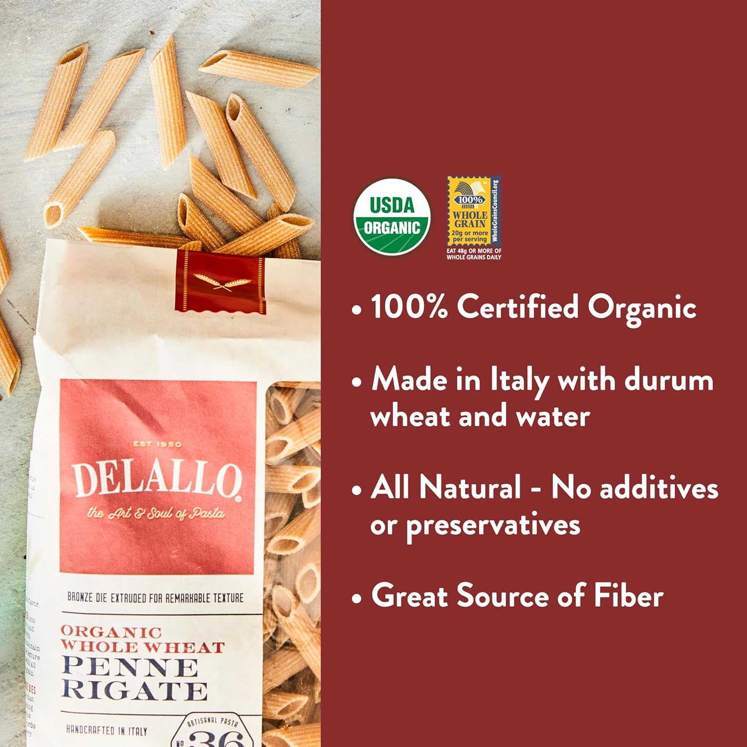 DeLallo Whole Wheat Penne Pasta, 1 Pound Bag, (7 Pack), 100% Certified Organic, Made in Italy, Whole Grain, Bronze Cut, Made with Only Durum Wheat Semolina Flour, Kosher, Vegan