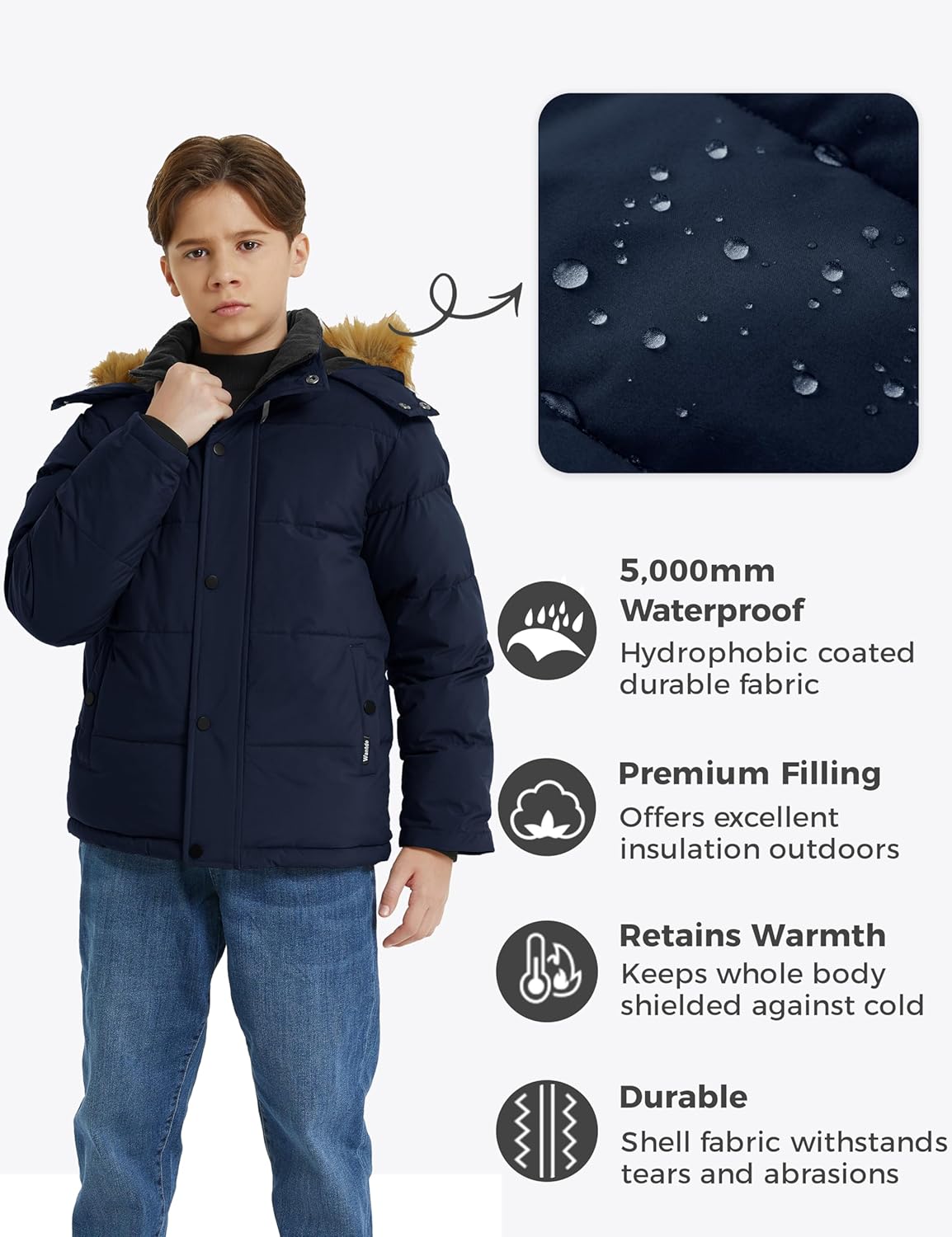 Wantdo Boys' Winter Coat Warm Puffer Coat Waterproof Winter Jacket with Faux Fur Hood - Image 2