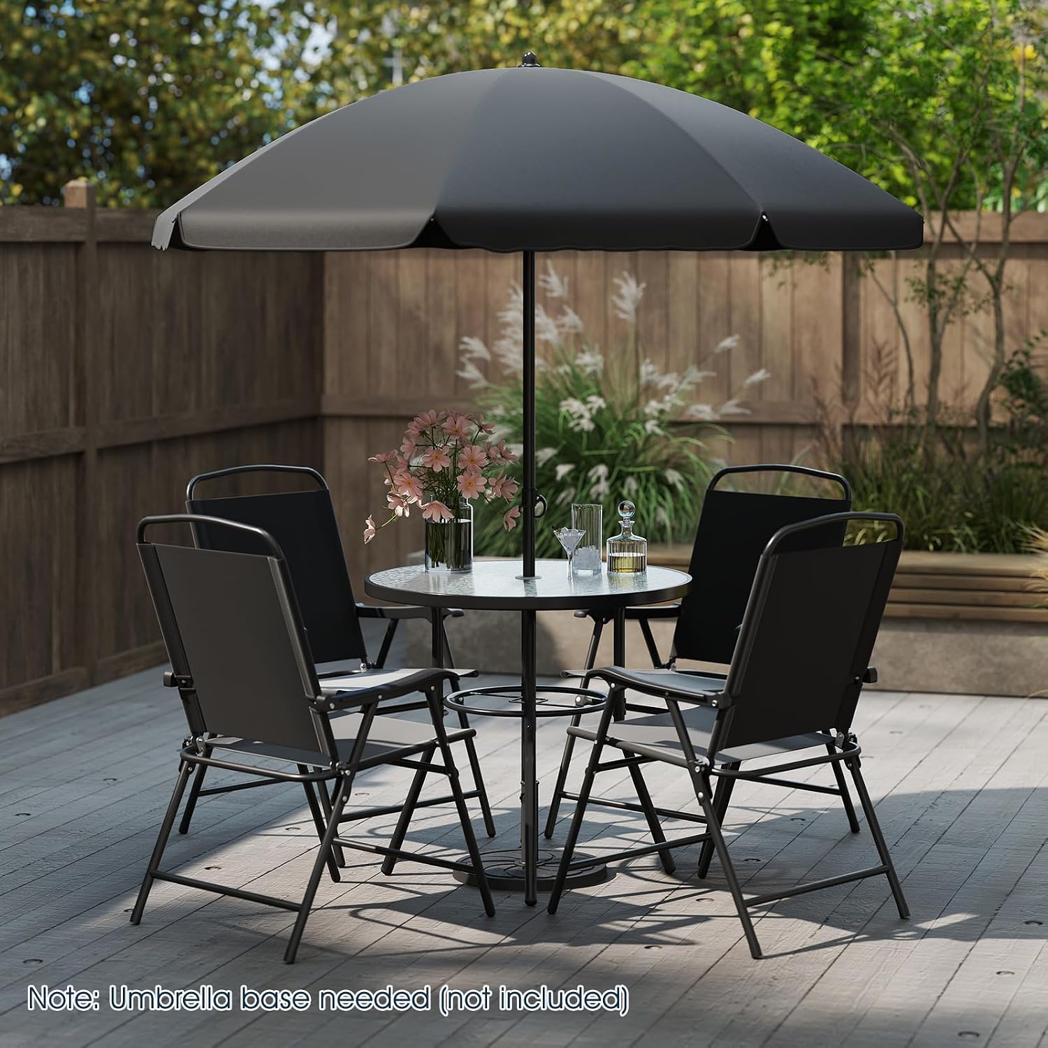 Tangkula 6 Pieces Patio Dining Set with Umbrella, Outdoor Table and Folding Chairs Set with 4 Armchairs and Round Tempered Glass Table for Garden, Deck, Lawn and Backyard (Black)