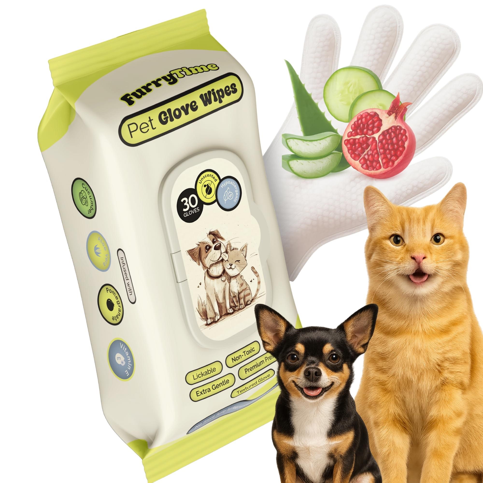 FURRYTIME Pet Cleaning Glove Wipes for Dogs & Cats, 30 Gloves, Hypoallergenic Pet Wipes Disposable No-Rinse Grooming, Extra Thick Bathing Wipes, Pet Dry Cleaning Paws, Coat, Ears, Eye Area, Butt