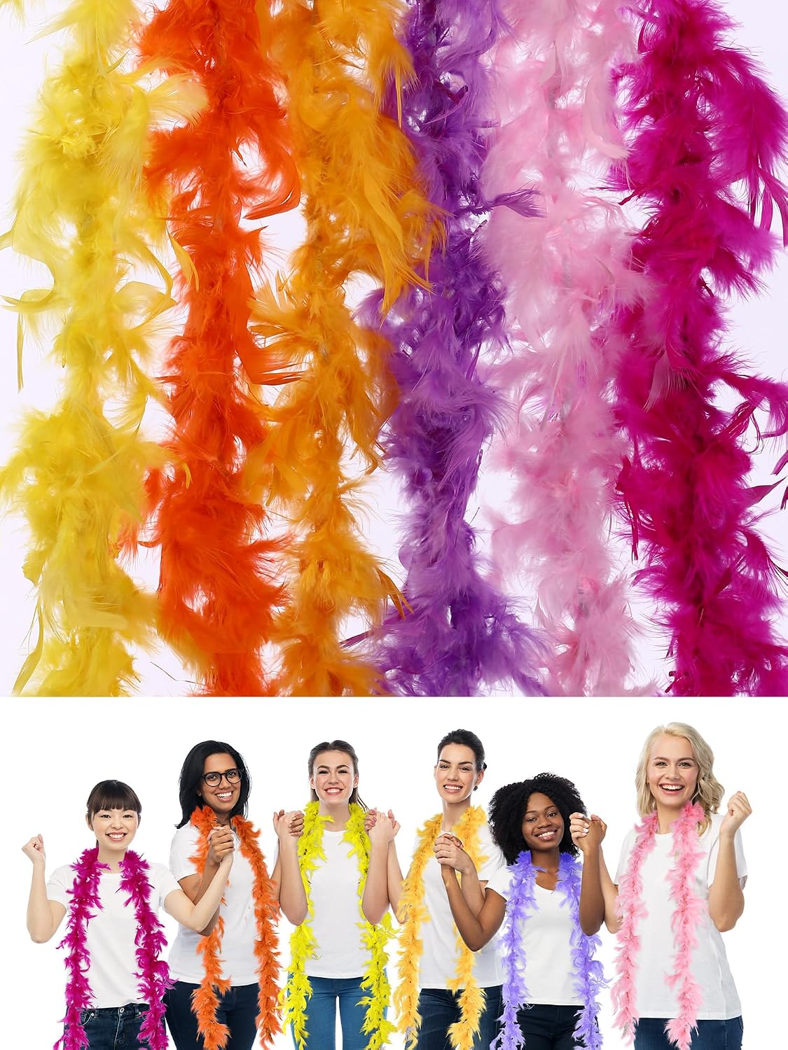 Suncalla 6 Pcs 6.6ft Halloween Costumes Vibrant Feather Fluffy Boas Costumes Colorful Party Feather Boas Bulk for Halloween Xmas for Themed Parties and Creative Cosplay