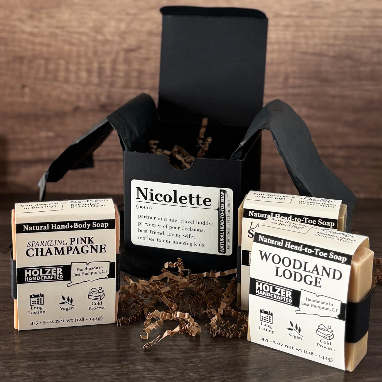 Personalized Soap Gift Set: Bar Soap 3 Pack, Name, Noun, Definition Custom Printed Label on Black Gift Wrapped Box, Natural Handmade Cold Process, Luxury Scents or Unscented