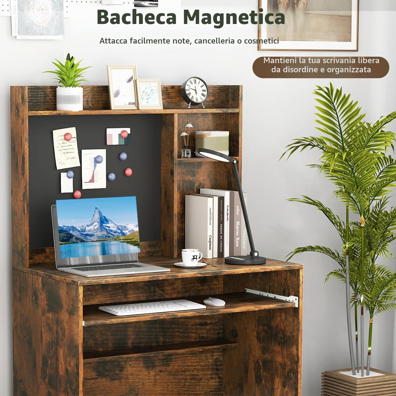 LIFEZEAL Scrivania, Scrivania Ufficio Porta Computer, PC, con Libreria e Lavagna Magnetica, 89x50cm, Scrittoio, in Legno, Moderno, Postazione di Lavoro, Studio, Piano Ampio, Portaoggetti (marrone)