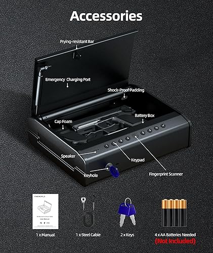 Miniatura 6 de PINEWORLD Caja fuerte biométrica para pistolas, caja fuerte inteligente para pistolas, 3 cajas de bloqueo de pistola de acceso rápido con huella