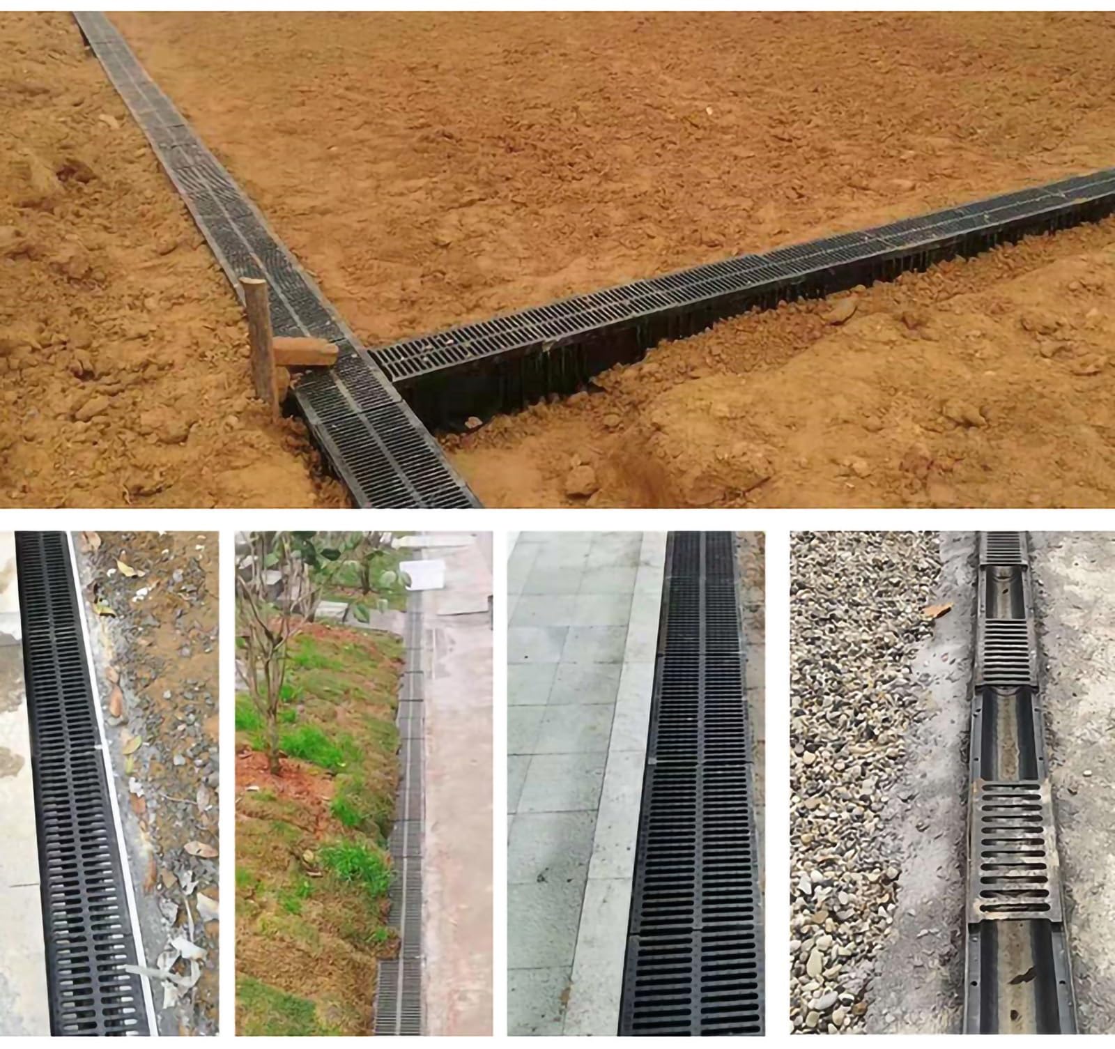 Zestaw odpływowy do wykopów - drenaż HDPE w kształcie litery U z antypoślizgowymi kratkami, wstępnie zmontowany kanał na podjazd i trawnik, jakość komercyjna dla trwałości i wydajności