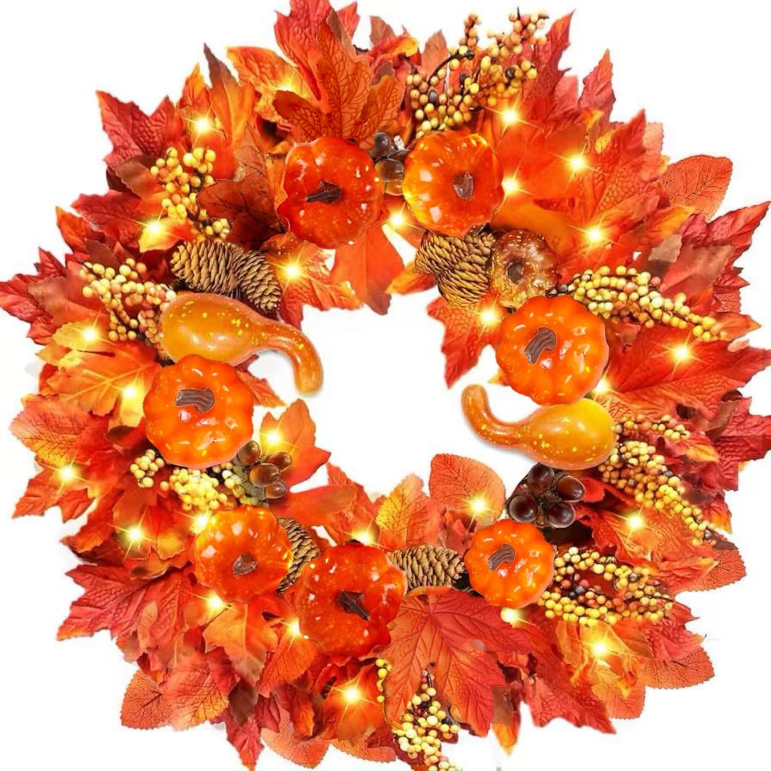 45CM Artificial Autumn Wreath with LED Light and Hanger, Fall Wreath with Maple Leaf Harvest Pumpkins Pine Cone Wreath Decorations for Halloween Wreath Outdoor for Home Bedroom Wall Party and Thanksgi