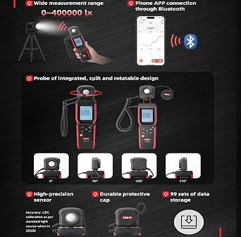 UNI-T Uni-Trend UT381A مقياس الإضاءة الرقمي المتكامل والمنقسم 400000 Lx 37160 Fc Luxometer مع تطبيق Bluetooth