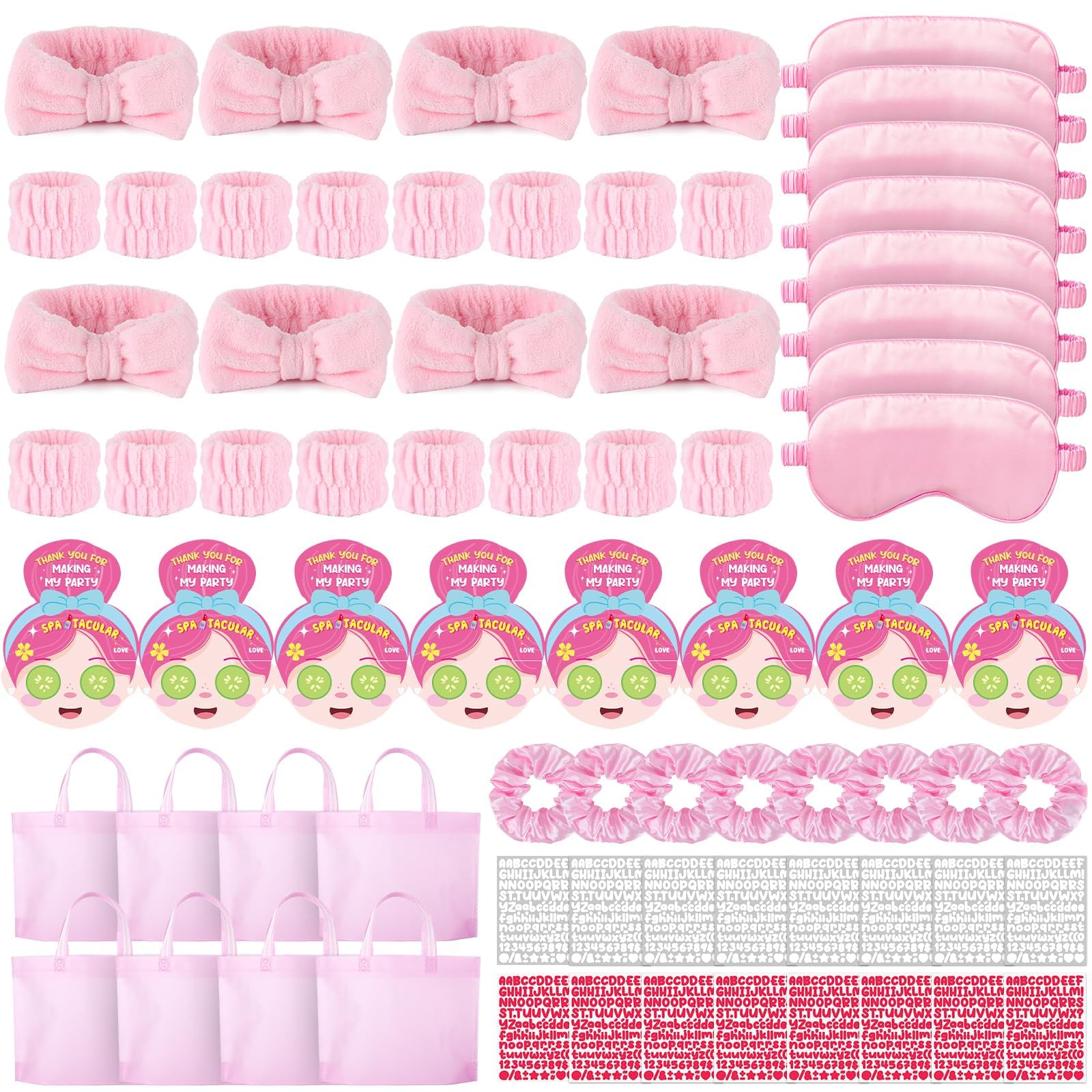 EYNDYN 72 Pcs Spa Sleepover Party Supplies for Girls With DIY Stickers And Greeting Card Pink Headband Wristbands Eye Mask Hair Scrunchie Tote Bag Sleeping Slumber Party Favors