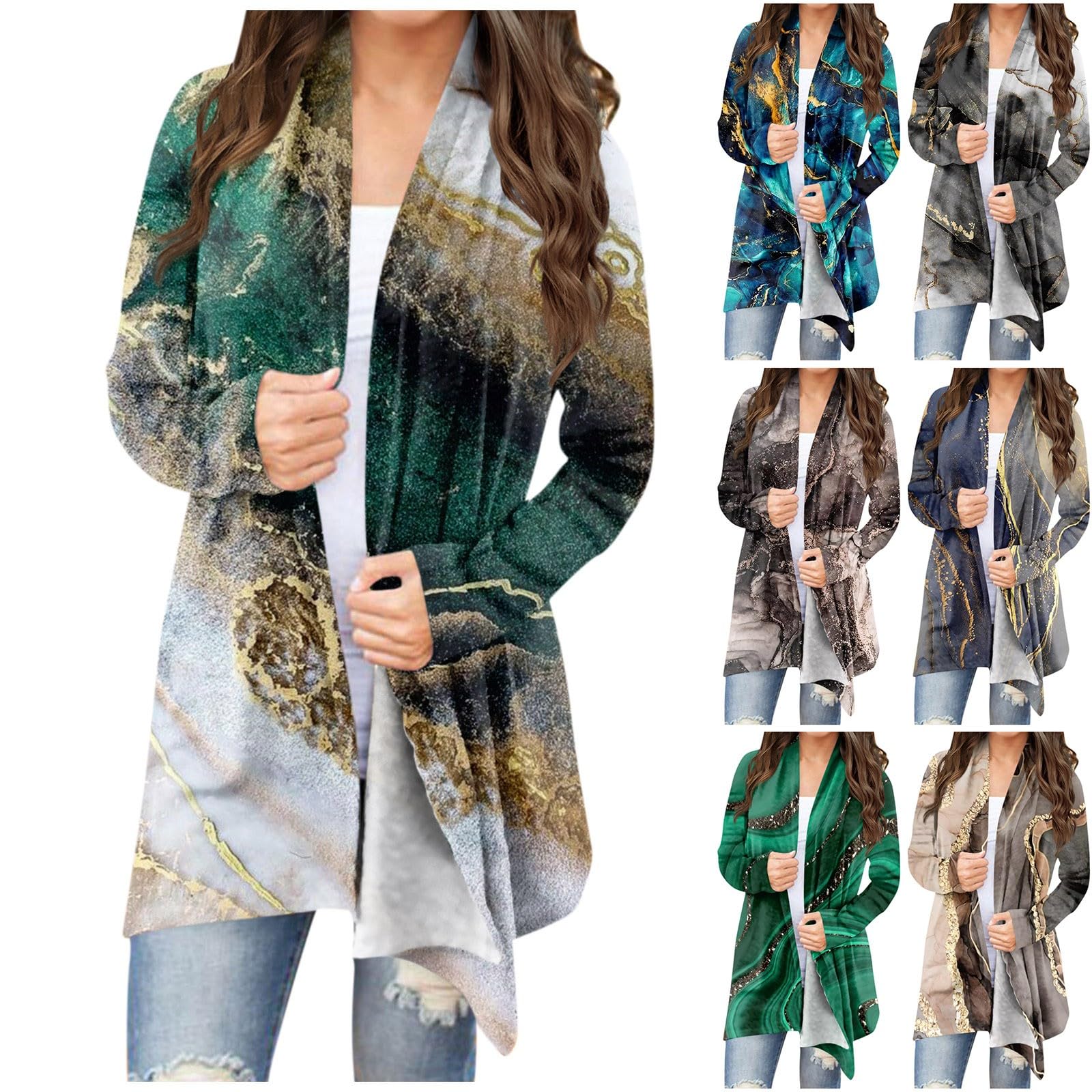 Women's Print Long Sleeve Front Cardigan Printed Top Lightweight Jacket KXC6CBXZ2498
