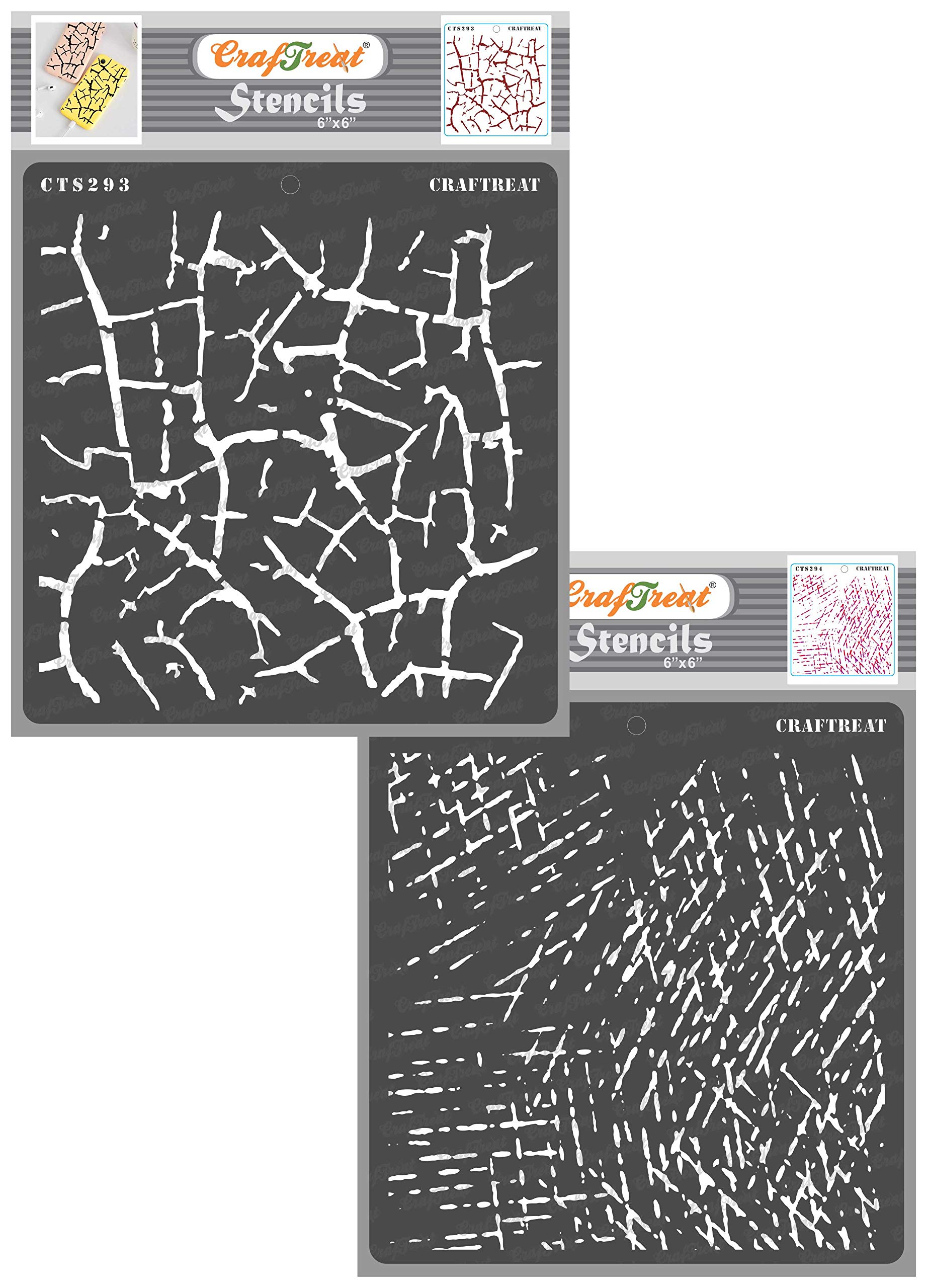CrafTreat Texture Crackle Stencils for Painting on Wood, Canvas, Paper, Fabric, Floor, Wall and Tile - Crocodile Crackle and Scratches - 2 Pcs - 6x6 Inches Each - Reusable DIY Art and Craft Stencils