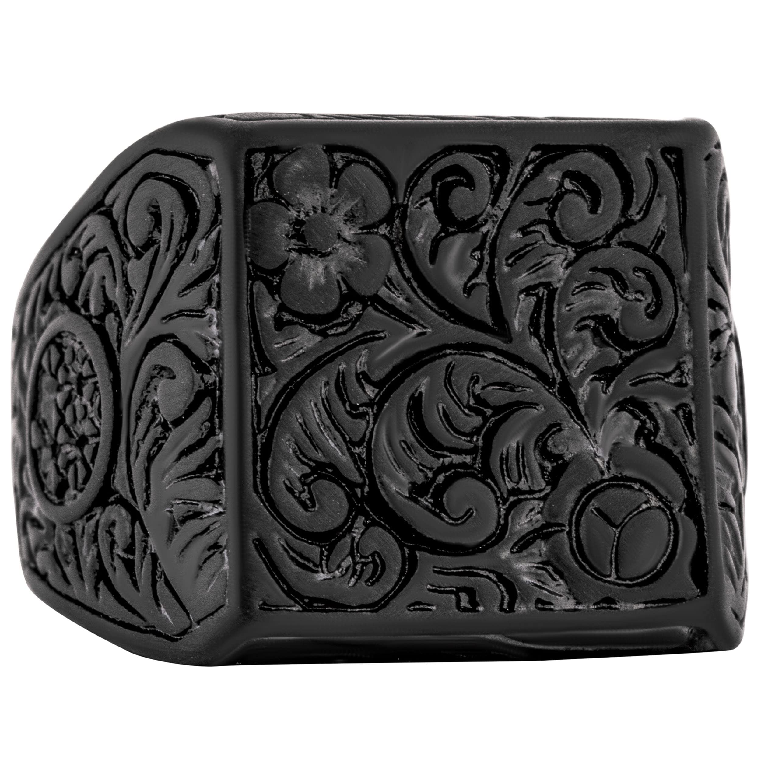 Akitsune Floris Anillo | Design-Anillo Mujer Hombre Acero Inoxidable Sello de adorno floral Grande - Negro Mate - US 9