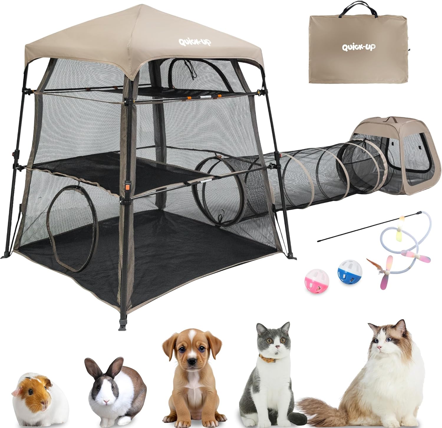 Cat Enclosure Kitten and Tower Tent for Indoor and Outdoor,3 Tier Cage Inside,Outdoor Catio,Portable and Foldable,Two Doors Design; Play Tunnel + Cube(with Three Ways)… Tan