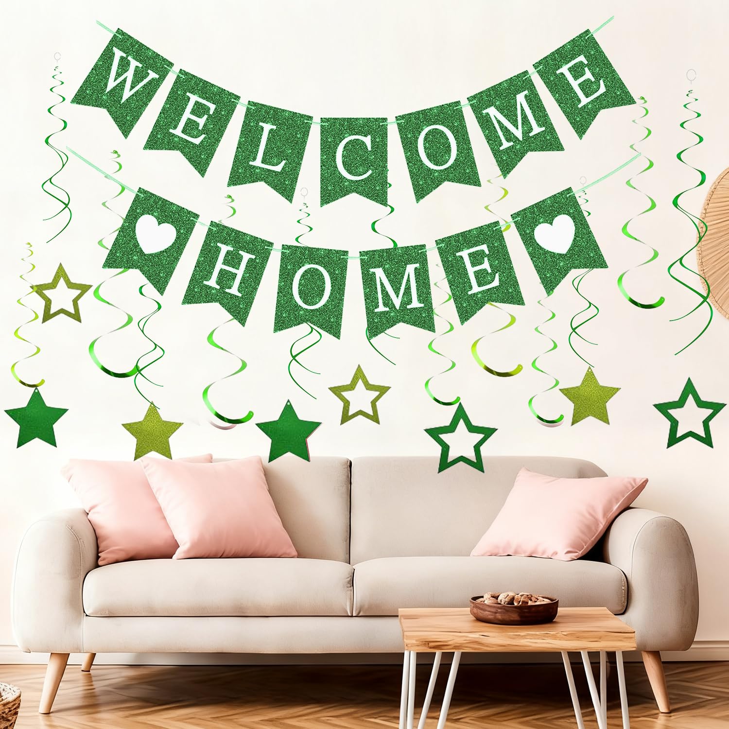 Welcome Home Decorations Green Glitter Bunting Banner Hanging Swirls with Star for Homecoming Housewarming Reunion Military Deployment Return Baby Shower Family Party Supplies - Image 3