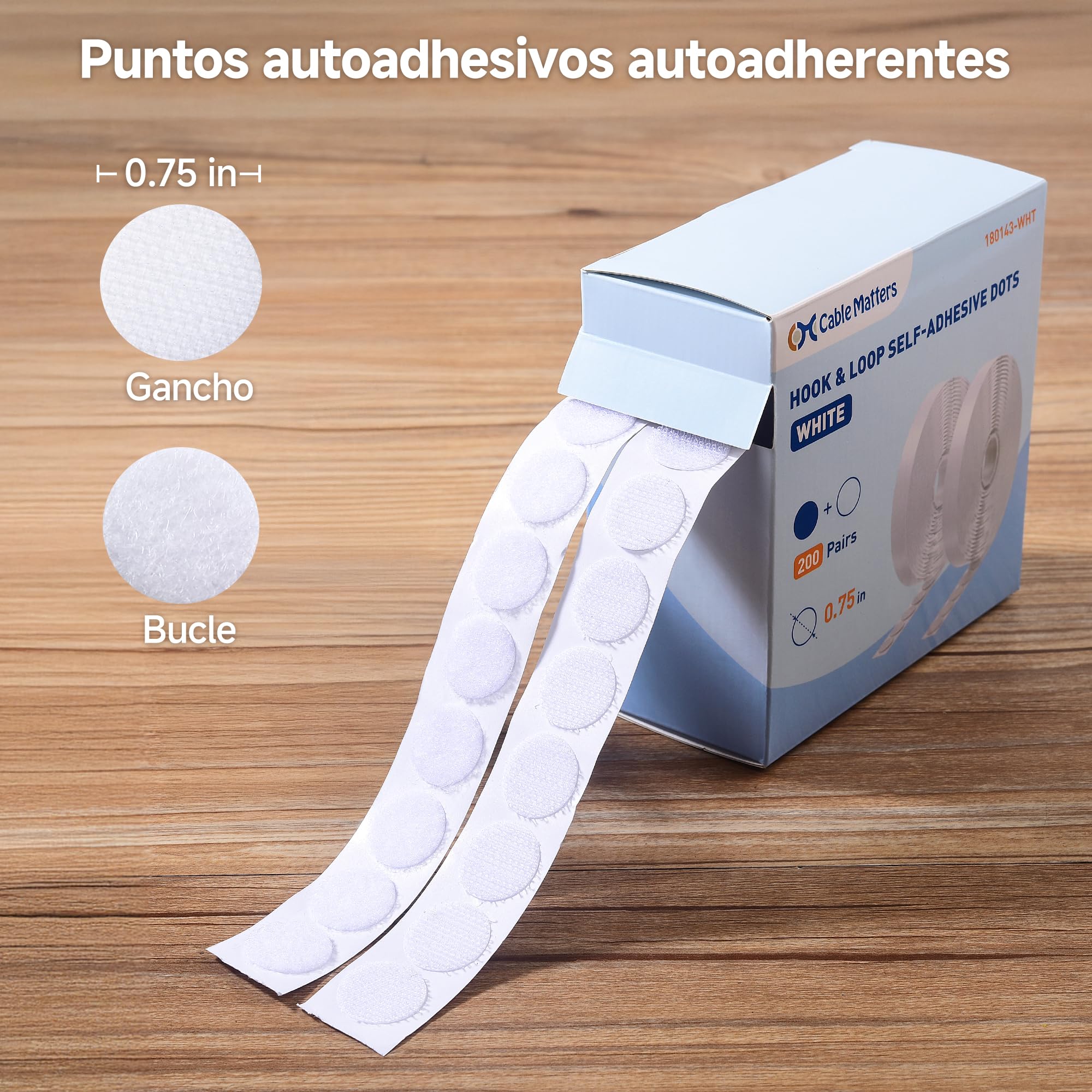 Cable Matters 400 Piezas (200 Pares) Puntos Adhesivos de Cierre de Gancho y Bucle, Redondos 19 mm, Autoadhesivos para Manualidades, Aula, Oficina y Organización del Hogar, Blanco