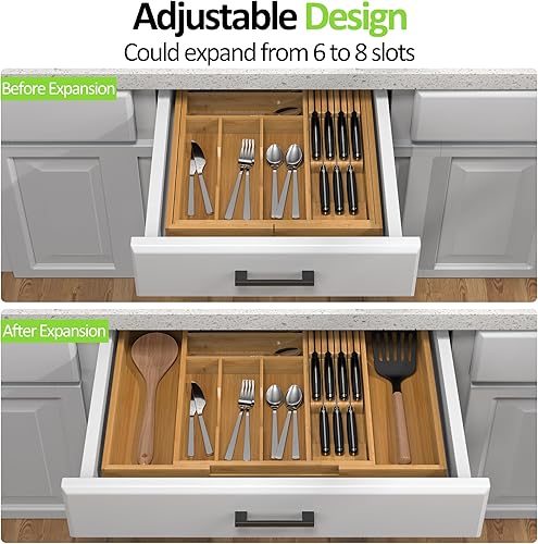 Miniatura 2 de Organizador de cajones de cocina de bambú, organizador de utensilios expandible con bloque de cuchillos extraíble, soporte para bandeja de cubiertos