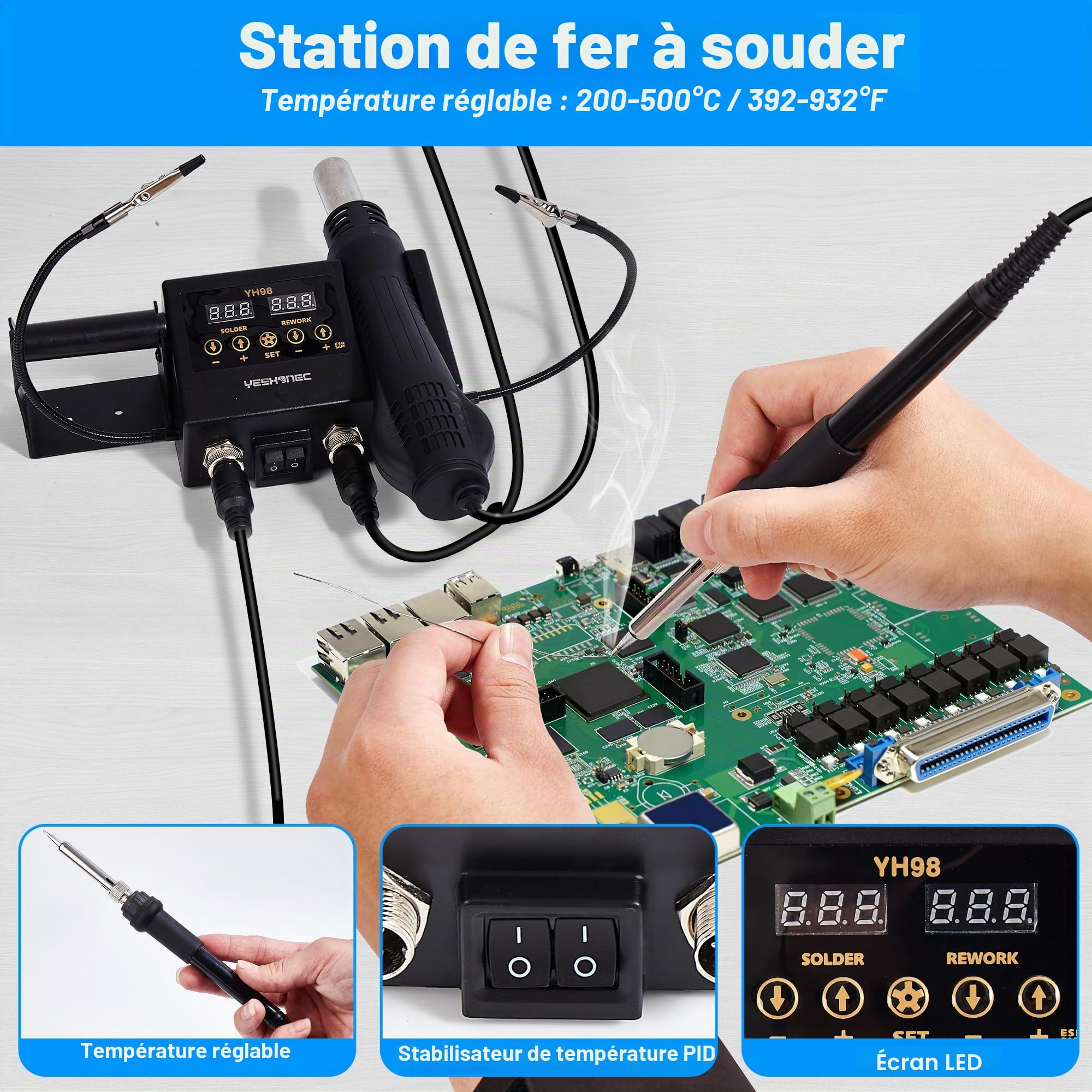 600W Station de Soudage 2 en 1, Fer a Souder + Pistolet Thermique, Affichage LED, Température Réglable 100-500°C, Conversion °C/°F, Étalonnage de la Température et Fonction Sleep