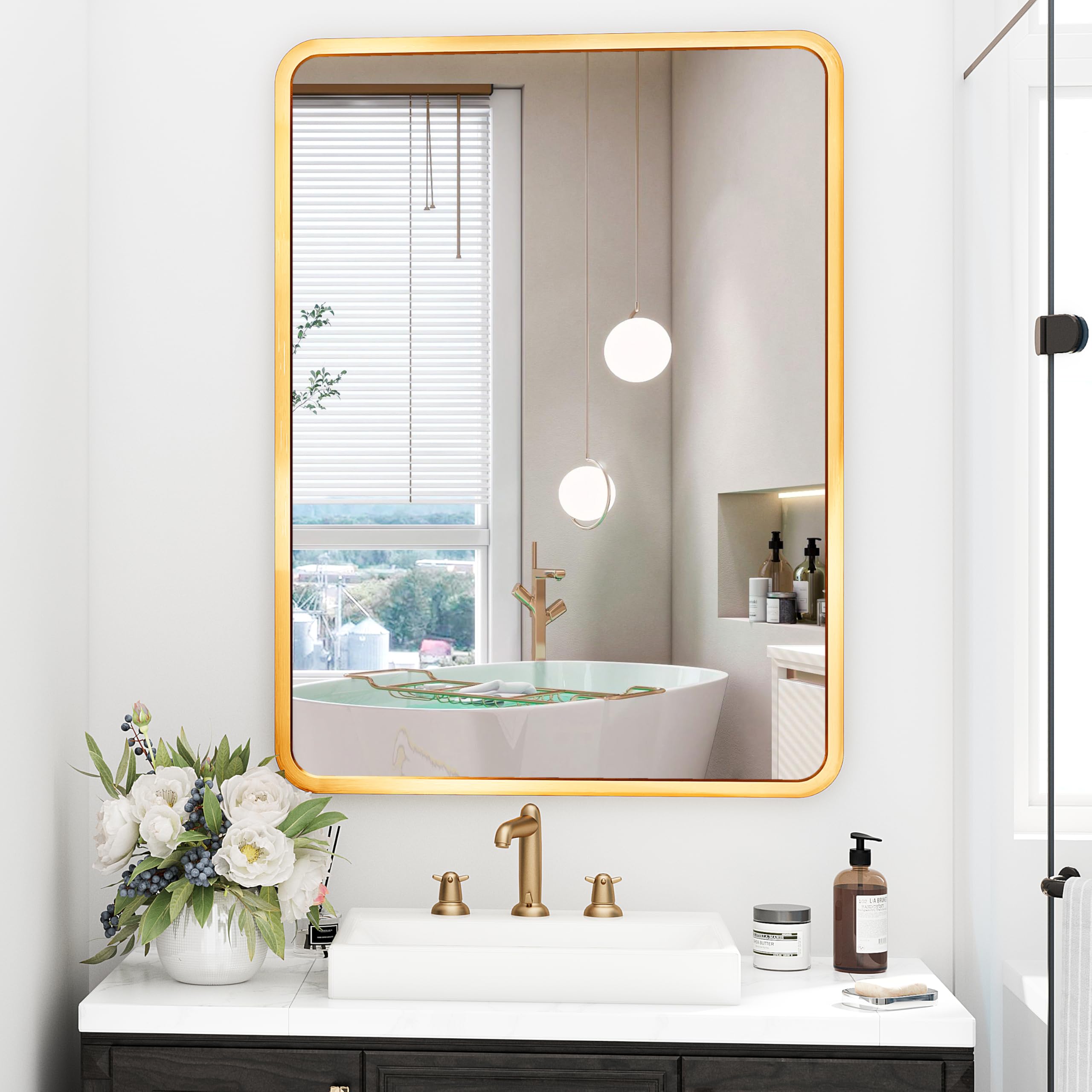 Specchio da parete da 60 x 90 cm, Oro specchio da bagno,con cornice in lega di alluminio, per bagno soggiorno, camera da letto, ingresso, decorazione da parete