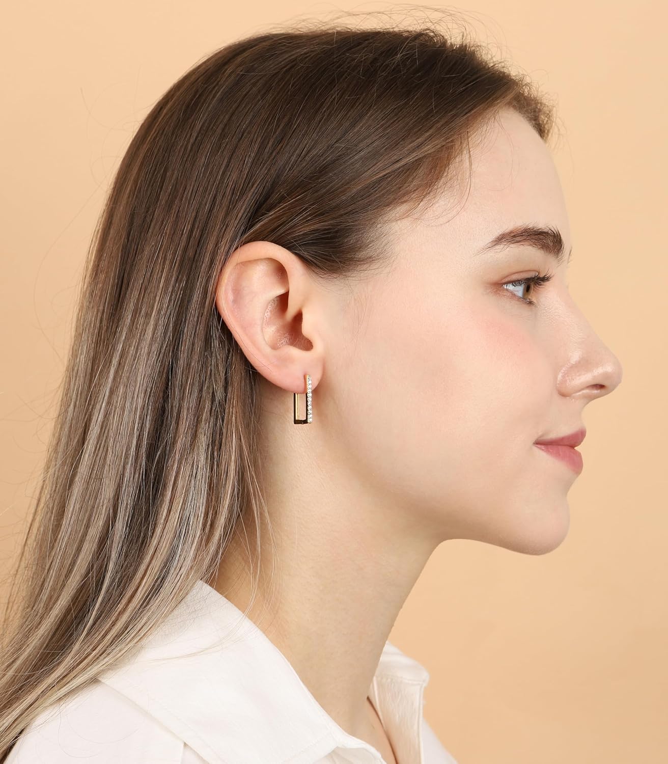 OZEL – Huggie Hoop Earrings with a Set of Cubic Zirconia Stones for Women – 14k Yellow Gold/White Gold Plated/Circular/Semi-circular/U-Shape/Round Square (Made in Korea) - Image 4