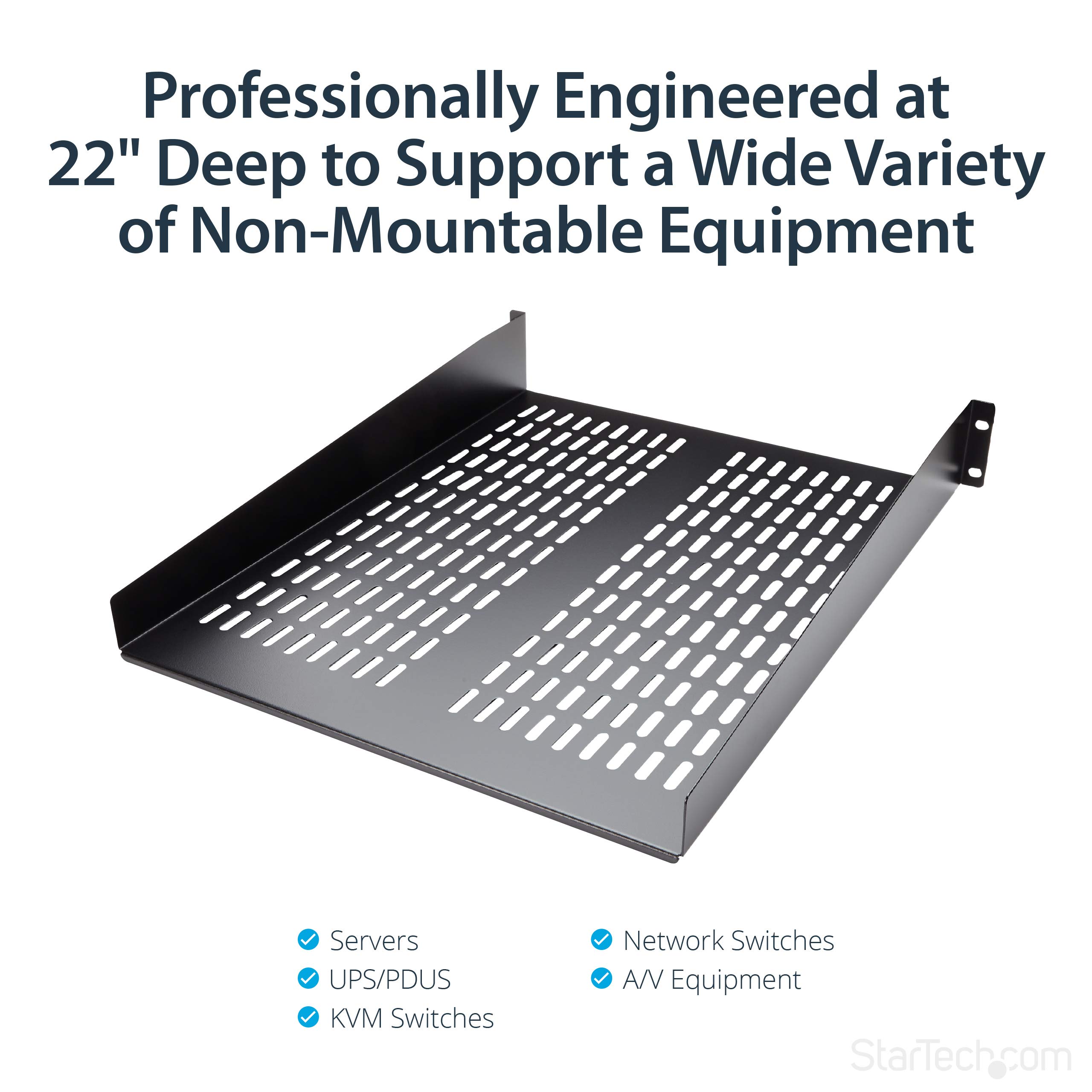 'StarTech. com Ripiano per armadio server rack universale montaggio 2U 22 in profondità fissa – 22 kg – Accessorio per rack (Nero, 22,6 kg, 55,88 cm (22), 48,27 cm, 56 cm, 8,8 cm
