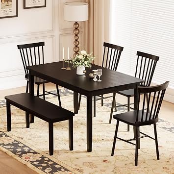 JUMMICO Solid Wood 6 Piece Dining Table Set, Modern 58/W Kitchen Table Set for 6 with 4 Windsor Chairs & 1 Bench, Kitchen & Dining Room Sets for Kitchen, Restaurant (Black)