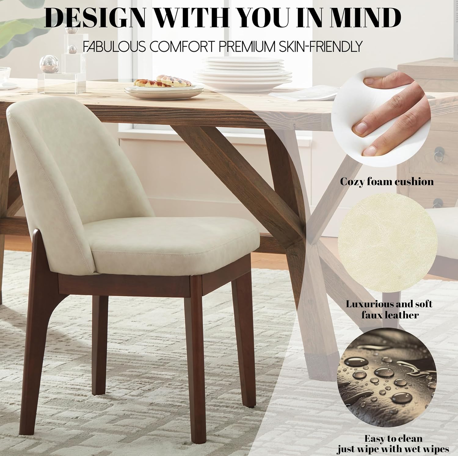 VKNOW Modern Dining Chairs Set of 2, Faux Leather Kitchen Chairs with Wood Legs, Upholstered Side Chair for Kitchen Dining Room, Beige