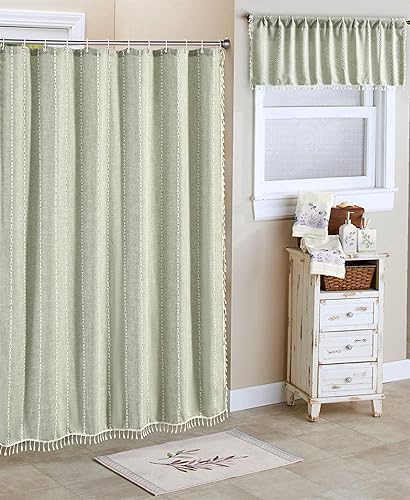 Miniatura 7 de RoomTalks Cortina de ducha moderna azul de 84 pulgadas de largo, decoración de baño, estilo bohemio, elegante, de lino, con ganchos