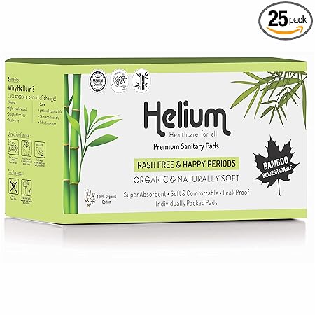 Helium Biodegradable Bamboo Premium Sanitary Pads - (Pack Of 25 Pads - XL,290mm),Pure Cottene,100% Rash-Free,Full-Day&Full-Night,High Absorbent,Chlorine Free,Fragrance Free.