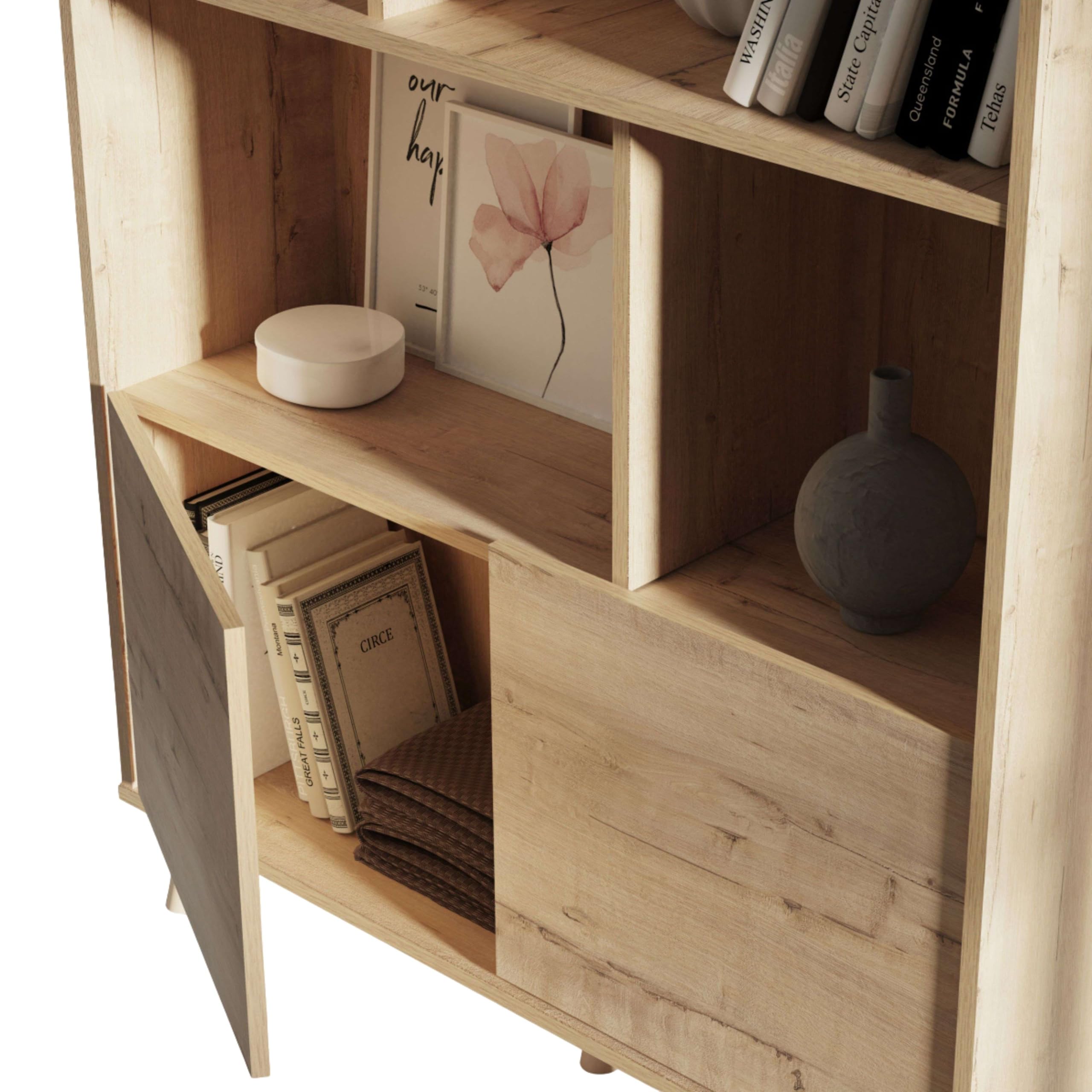 MUEBLES PITARCH | Librería de Salón, Oficina o Despacho, 2 Puertas y 3 Estantes, Patas, Roble Gold, 179x100x30cm (Alto x Ancho x Fondo), Moderna, Nórdica, Elegante, Resistente, Modelo Oslo