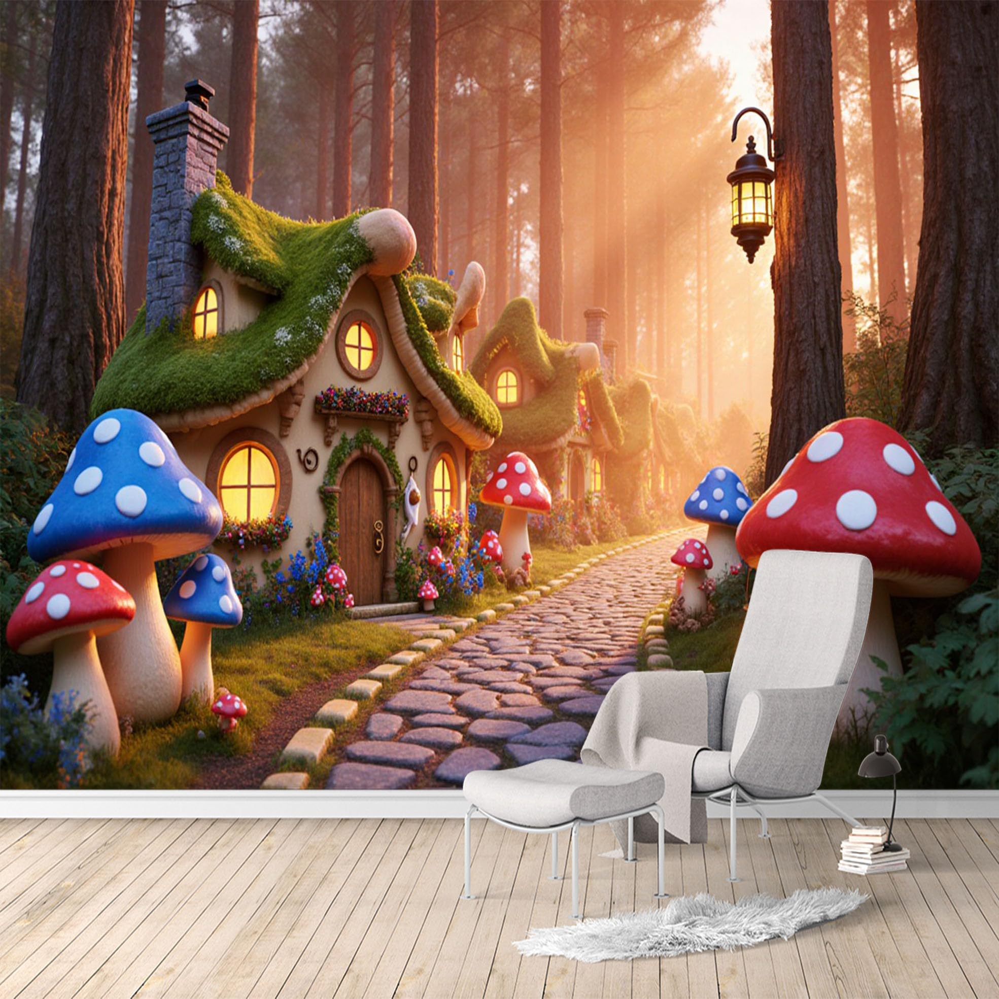 Custom Size Wall Murals, Enchanted Forest Fairy Homes & Mushroom Village, SelfAdhesive Water Activated Removable Wall Covering, Large Photo Wallpaper for Living Room Bedroom Office