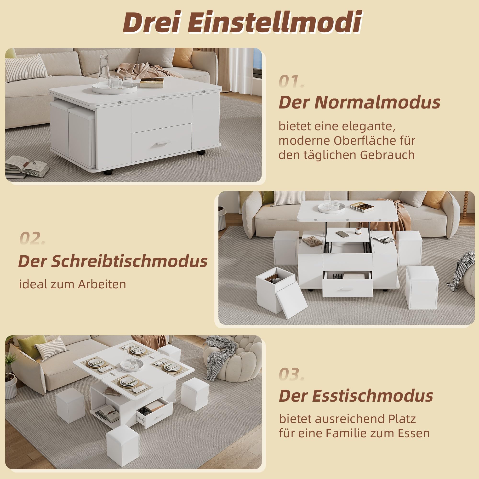 Mesa Centro Elevable con Tablero Extensible y 4 Taburetes, Mesa de Centro Elevable y Extensible con Almacenamiento y Cajón, Mesa Central de Café, Muebles de Salon, 100x50x45 cm, Blanco B