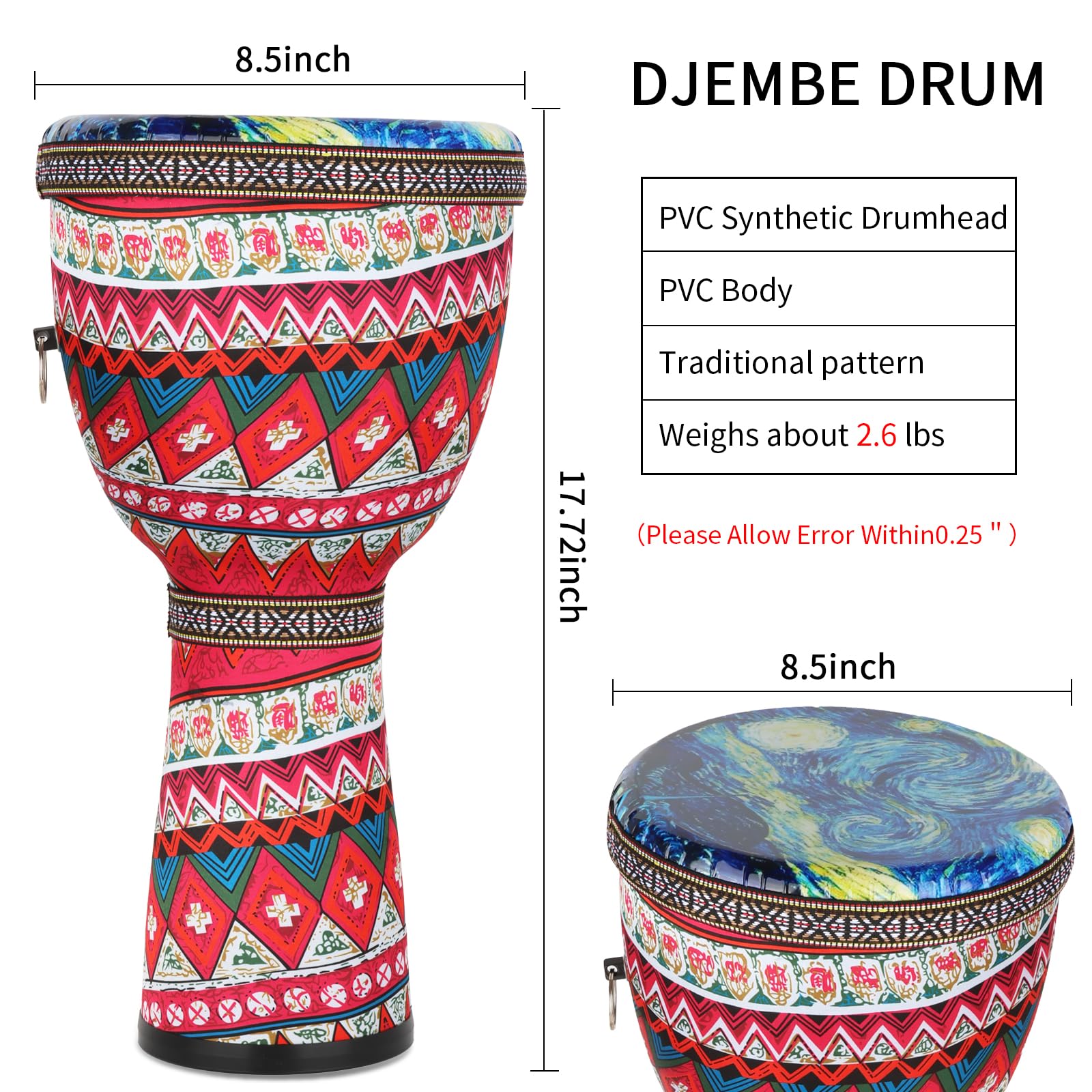 FF Bonfires 8.5-Inch African Drum - Durable PVC Djembe Drums Adults, Multicolor Uneteenth African Drums Percussion Instrument West African Style Djembes Music Healing Instrument for Beginner