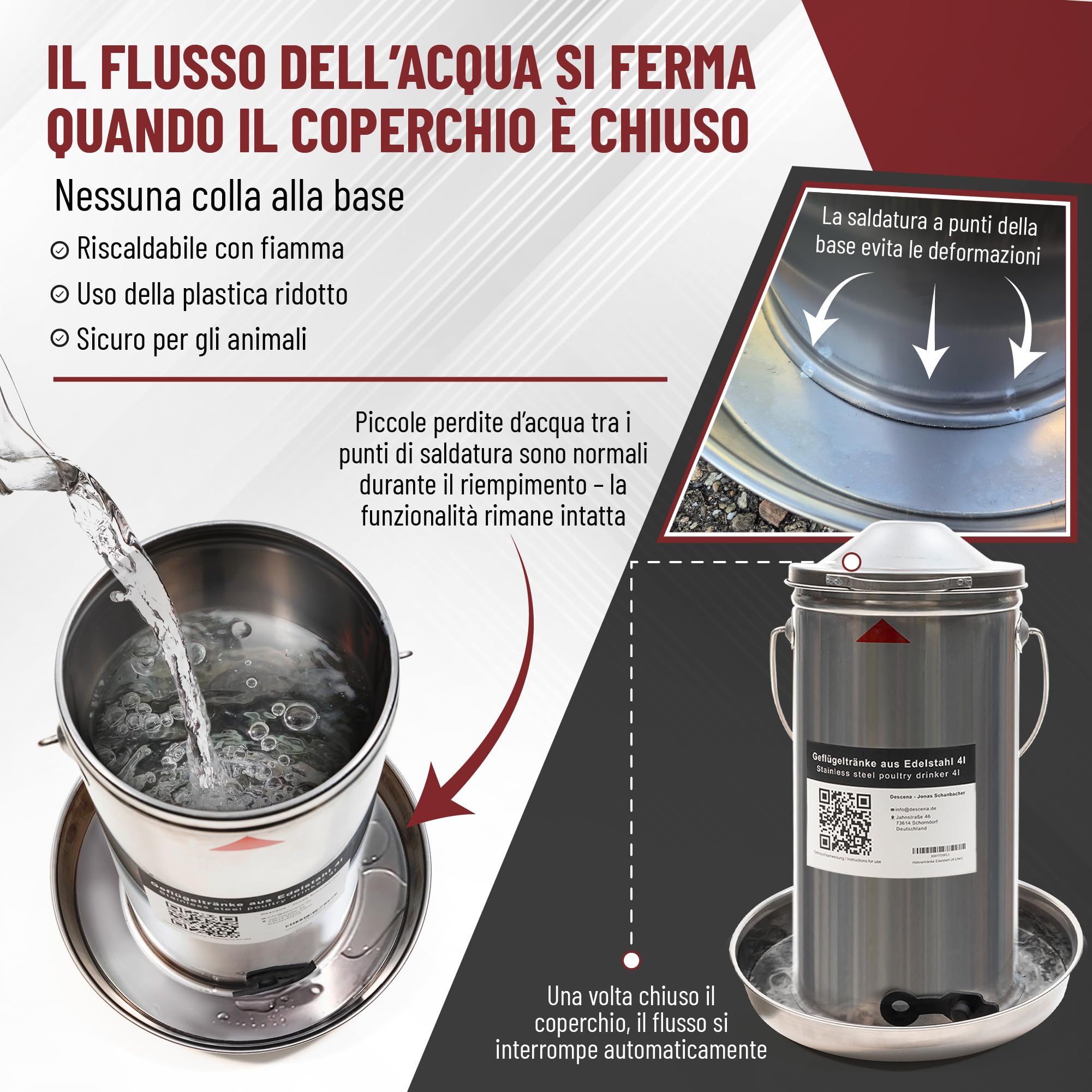 Abbeveratoio per Galline 4L in Acciaio Inox 304 (V2A) – Riempimento dall'alto, compatibile con riscaldatori e piastre riscaldanti, per pollaio