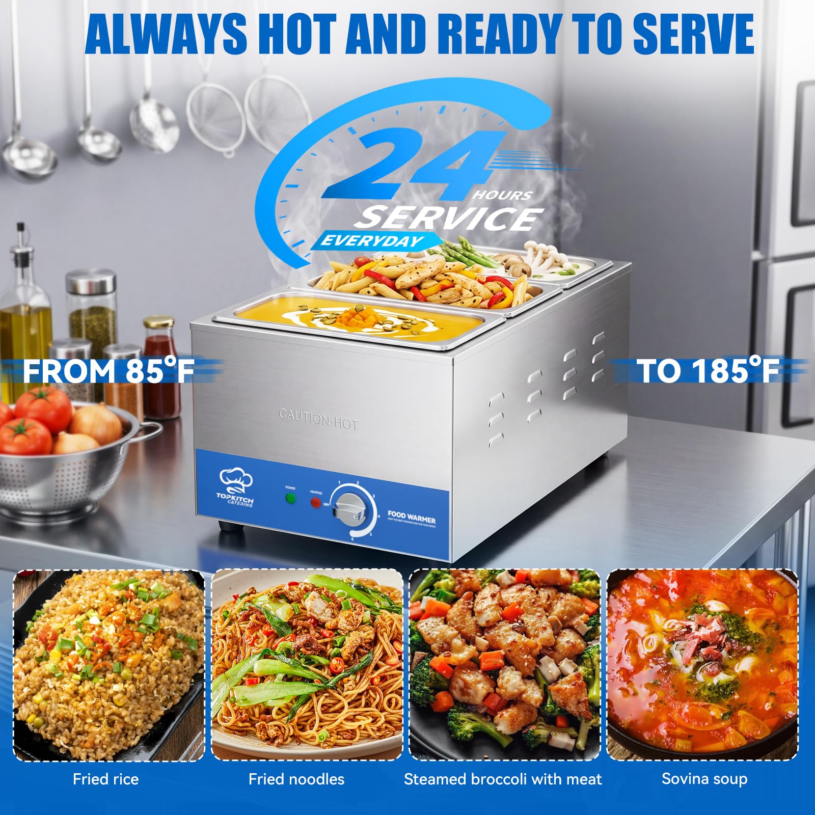 Scaldavivande a bagnomaria per buffet, da banco e a vapore, misura 1/3, 3 x 6,1 QT, in acciaio inox di grado commerciale, per ristoranti e catering, riscaldamento ad acqua e a secco (1/3 di misura e