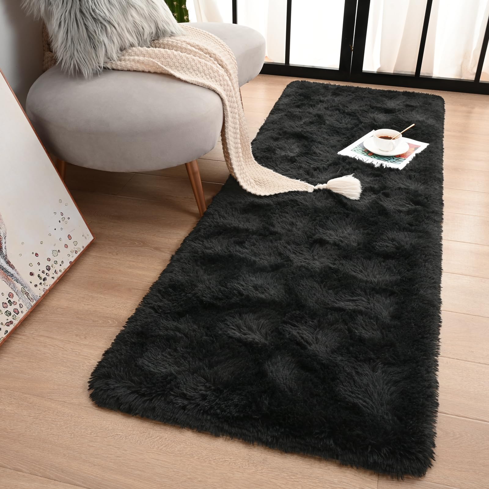 Terrug Black Fluffy Runner Rug for Bedroom, 2x6 Ft Cute Shag Area Rugs for Hallway, Soft Machine Washable Plush Carpet with Non Slip Backing for
