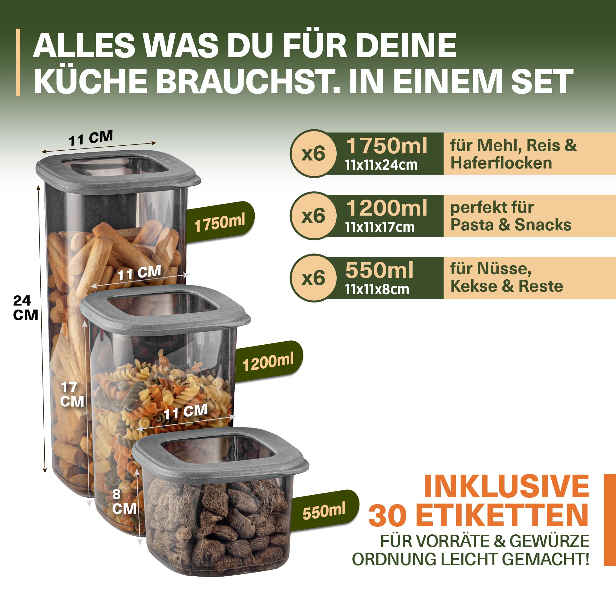 Viwares Tarros con tapa herméticos, juego de 18 recipientes de almacenamiento sin BPA, para cereales, harina, cocina, práctico organizador de cocina, recipientes para almacenamiento de alimentos