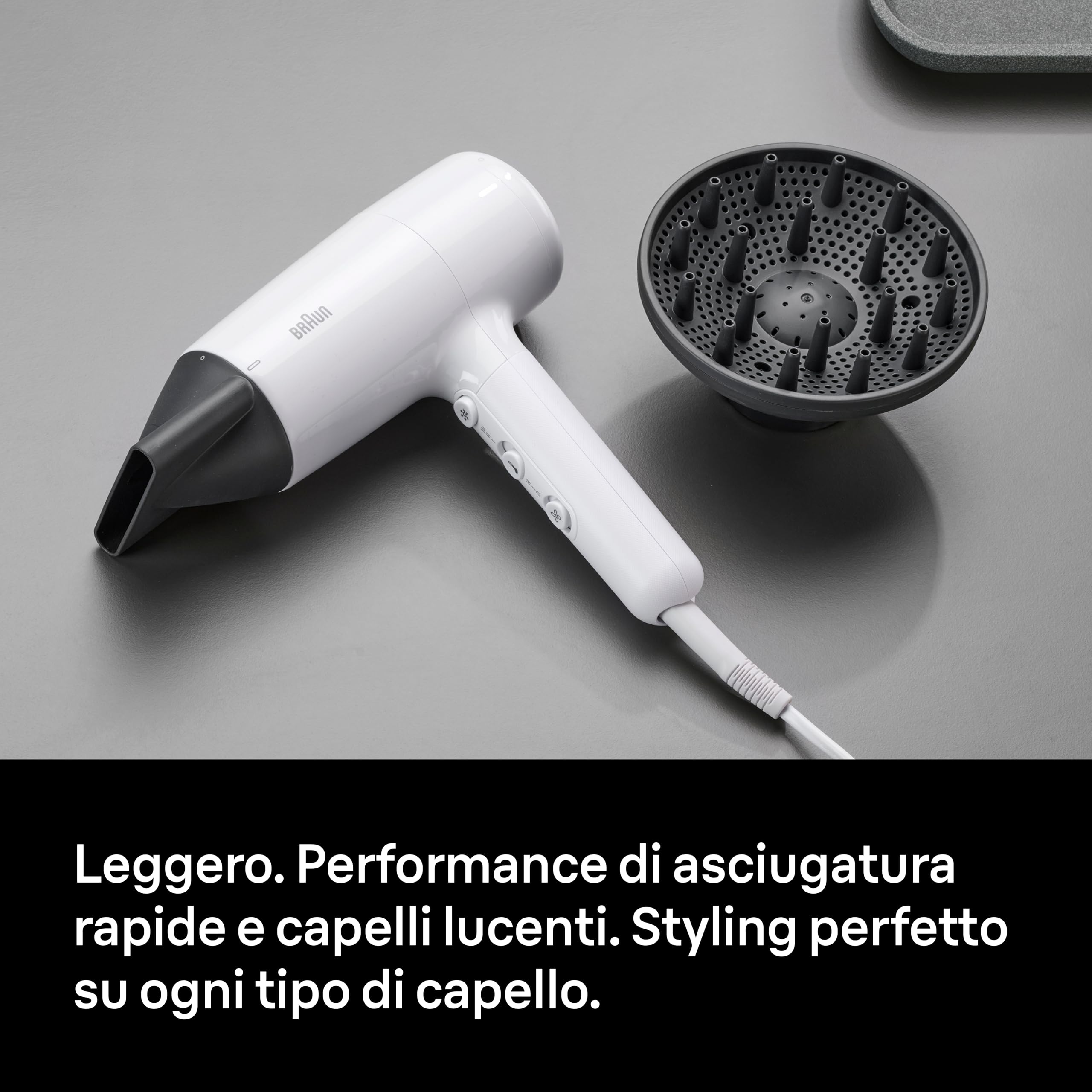 Asciugacapelli Braun HD2.21, potente con diffusore e concentratore, Tecnologia IONTEC, motore da 2200W, 3 temperature e 2 velocità, bianco, BRHD235E