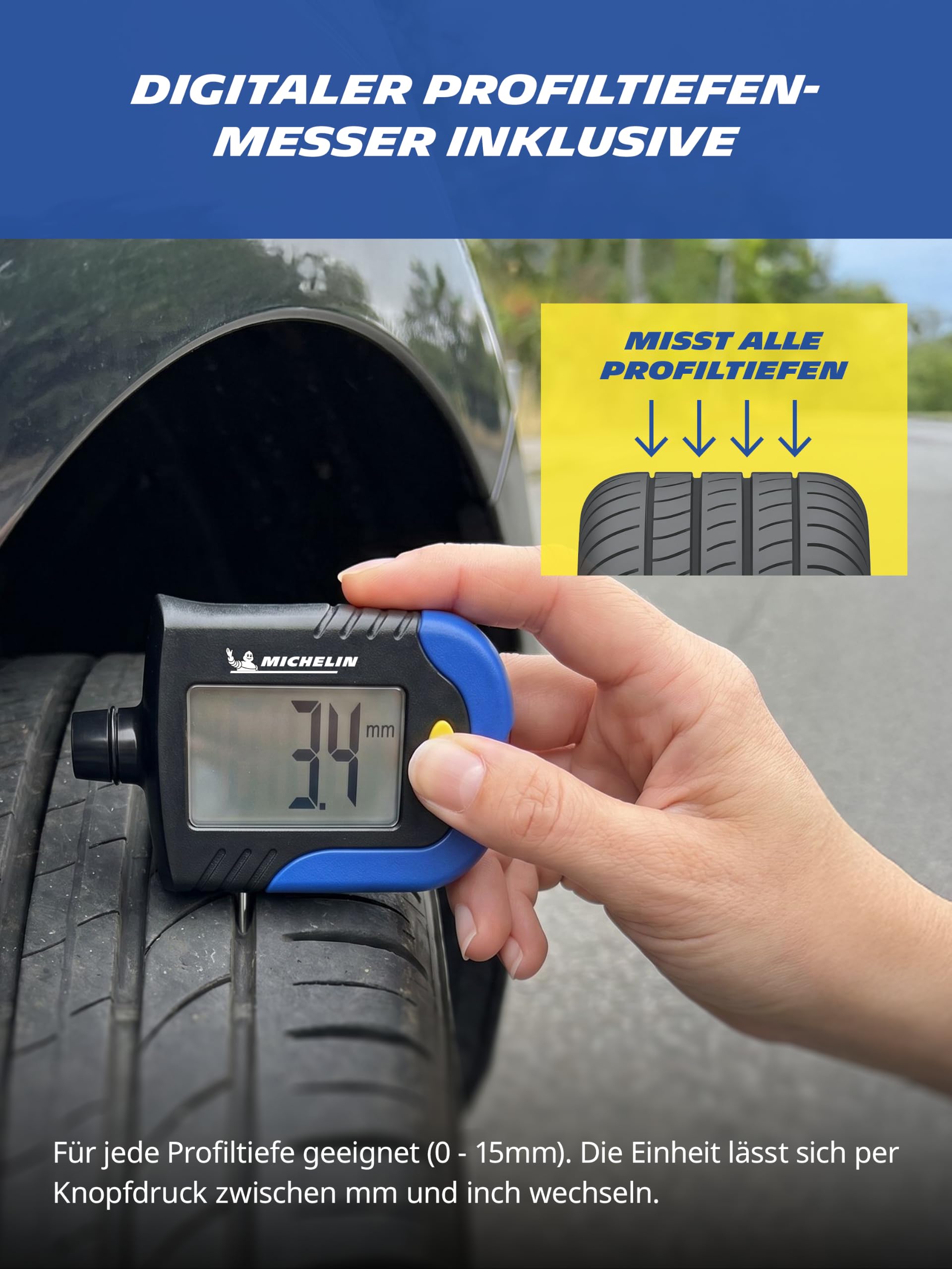 MICHELIN Verificatore di Pressione e Usura pneumaticiI + Funzione di misurazione in Bar