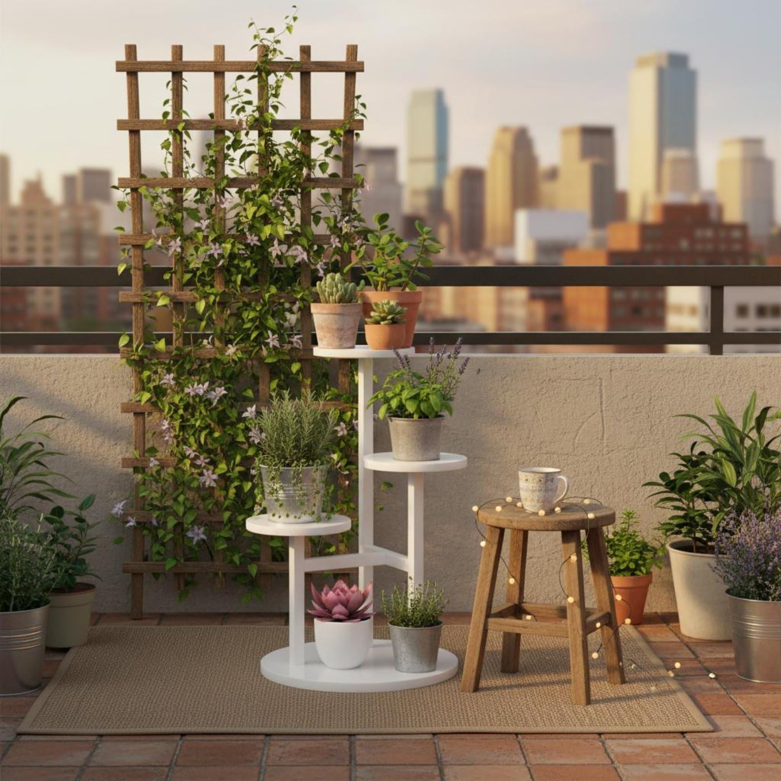 Estantería de Exhibición Soporte para Plantas Macetero Mueble Organizador de 4 Niveles Que Espacio Vertical y Aireación Adecuada para Salón Terraza , Nogal Claro+Blanco