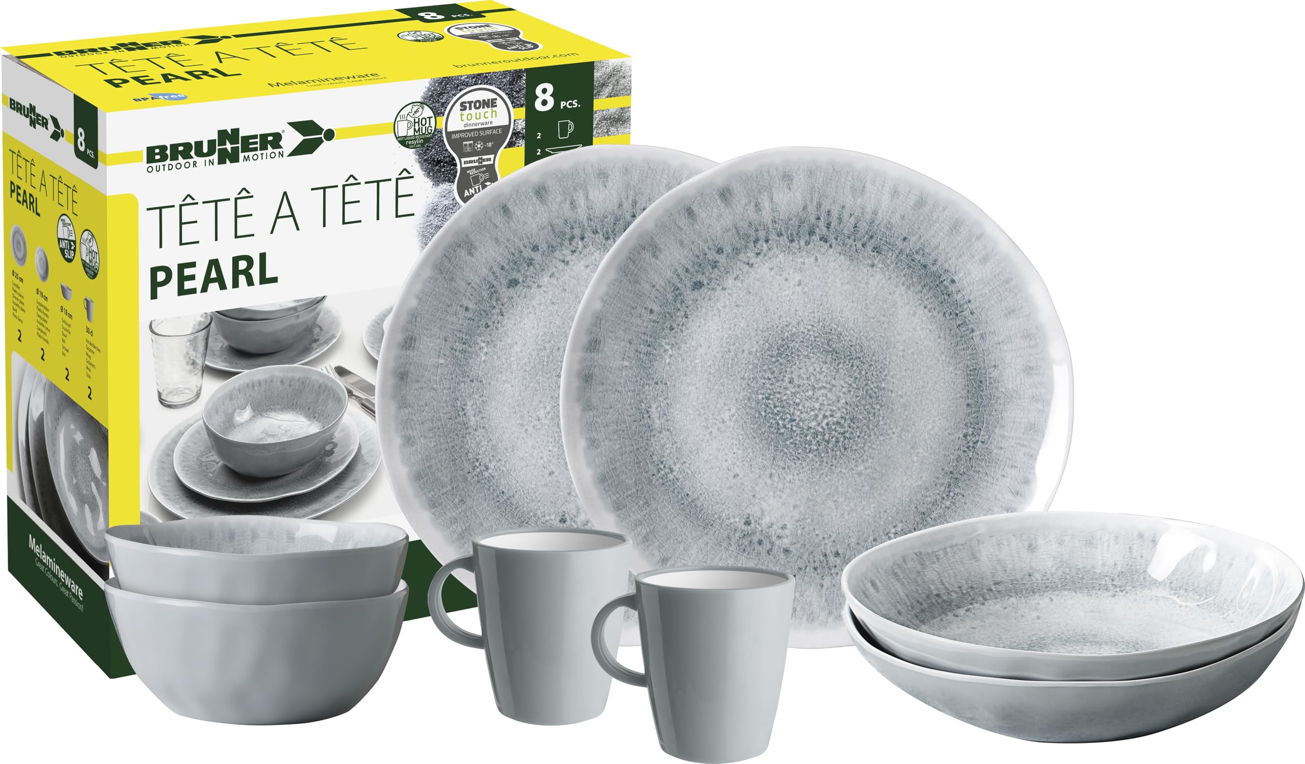 Brunner Stonetouch Melamine Caravan Dinner Set, Anti Slip Outdoor Tableware Set, Lightweight Break Resistant Plates Bowls & Mugs - Camping, Motorhome, Picnic Dining Set (Pearl, 8 Piece Set)