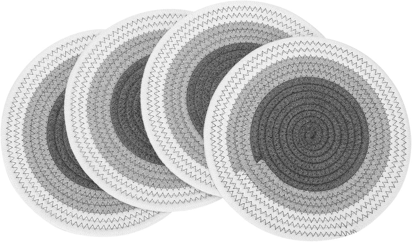 FOYO 10 inch Round Placemats Heat-Resistant, Non-Slip Washable Table Mats for Dinner Table, Cotton Braided Placemats, Set of 4