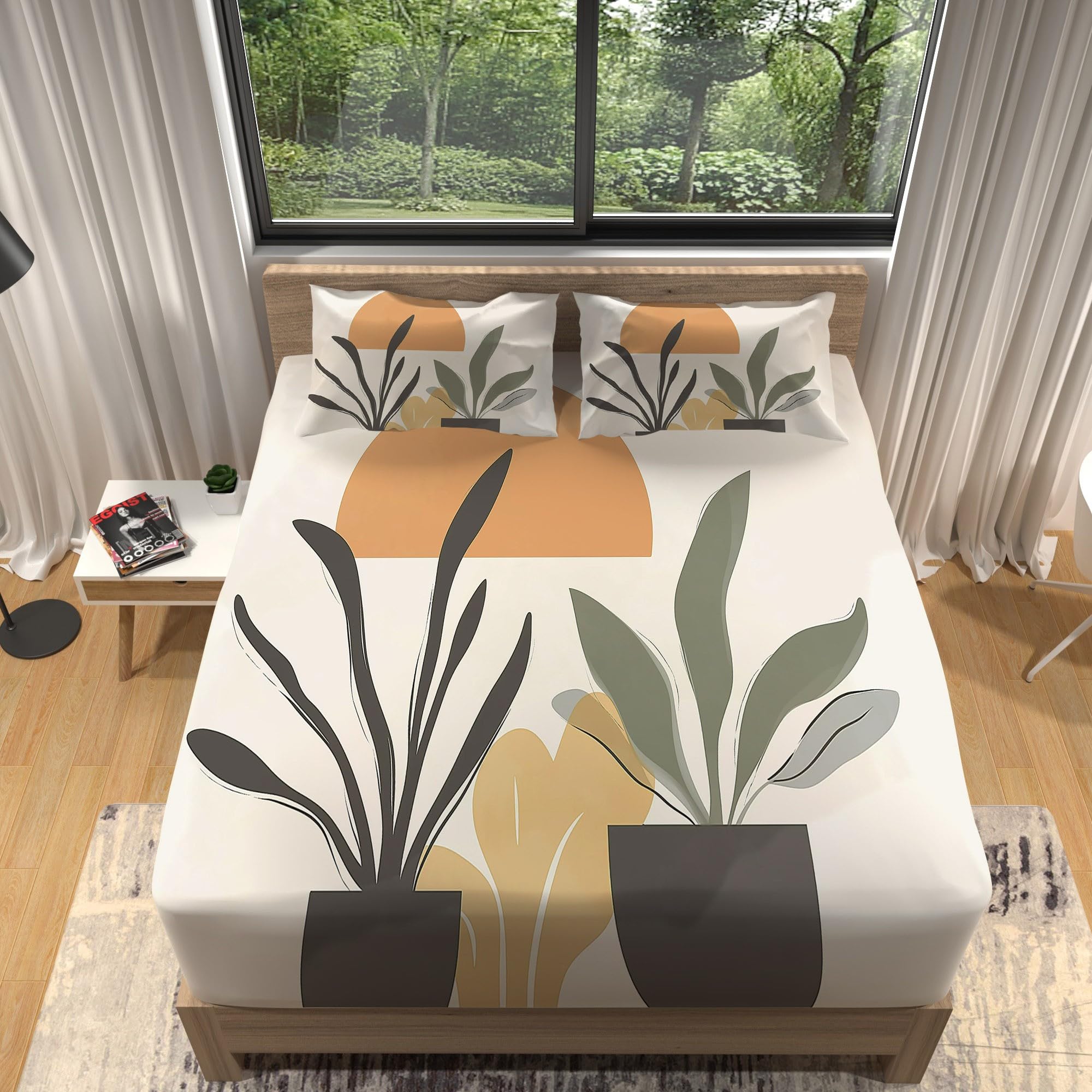 Fitted Sheet Printed Simple Bohemian Potted Plants Single, Green Microfiber Fitted Sheet Printed Easy to care for bedding Deep pocket 30cm With 2 pillowcases Suitable for children adults