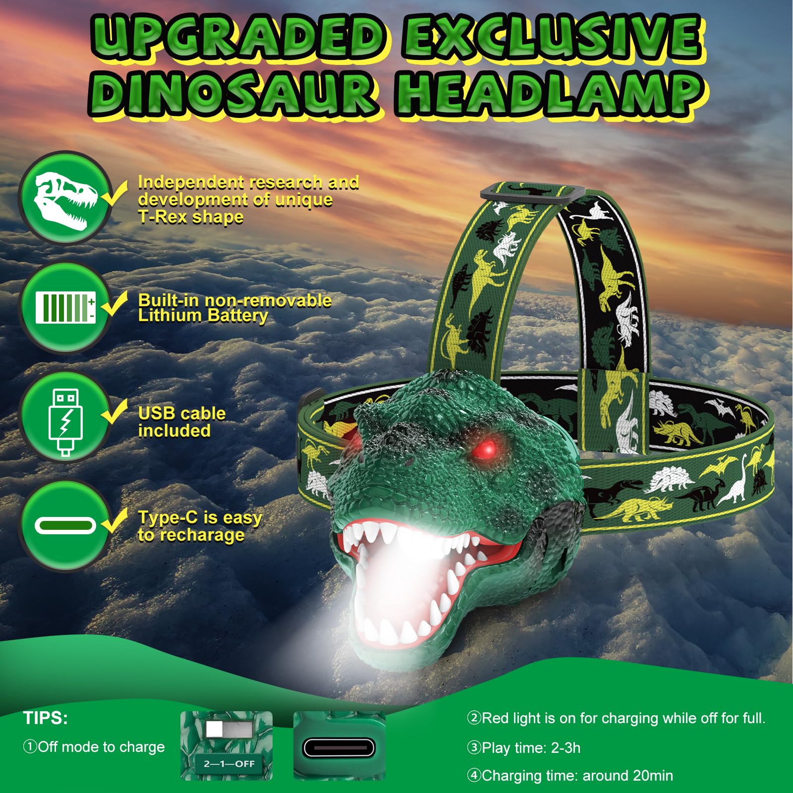 Dinosaur Headlamp for Kids - Rechargeable LED -6