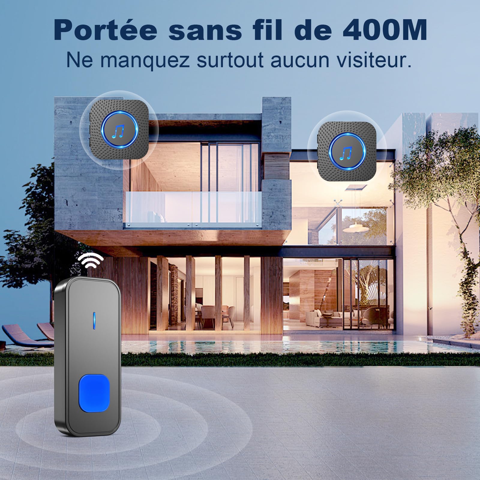 SURFOU Sonnette sans Fil, 400M Sonnette Longue Portée Exterieur Étanche Electronique, Kit de Carillon avec 2 Récepteurs Enfichables pour la Maison, LED Bleu, 55 Mélodies, 5 Niveaux Volumes, Noir