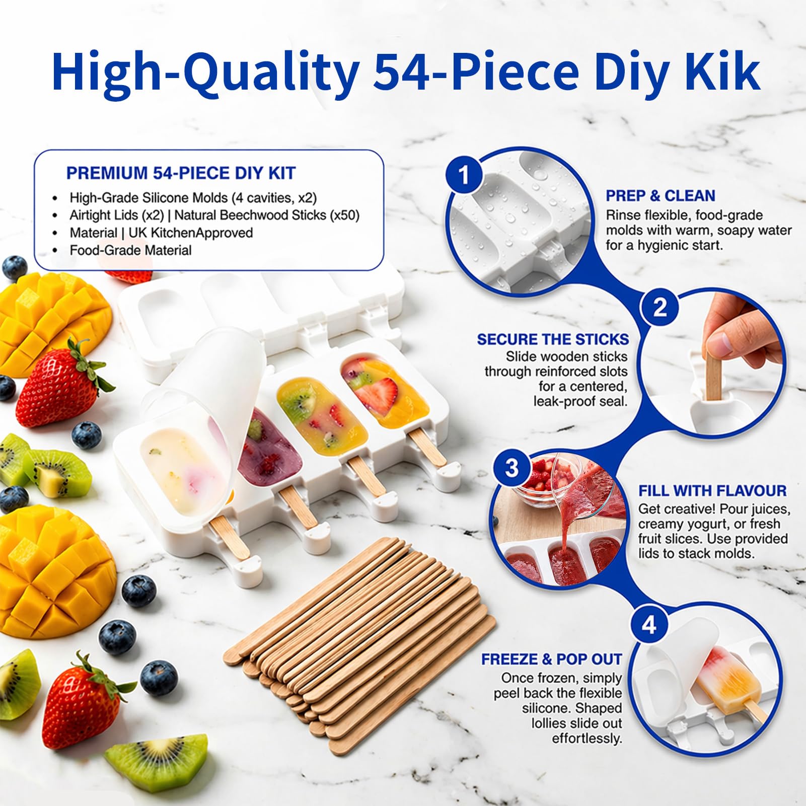2 Piezas Moldes Helados Silicona, con 2 Tapas 50 Palos Molde Helado Reutilizable sin BPA para Hacer Helados Caseros Moldes Chocolate Bricolaje Postre para Adulto Infantiles Blanco
