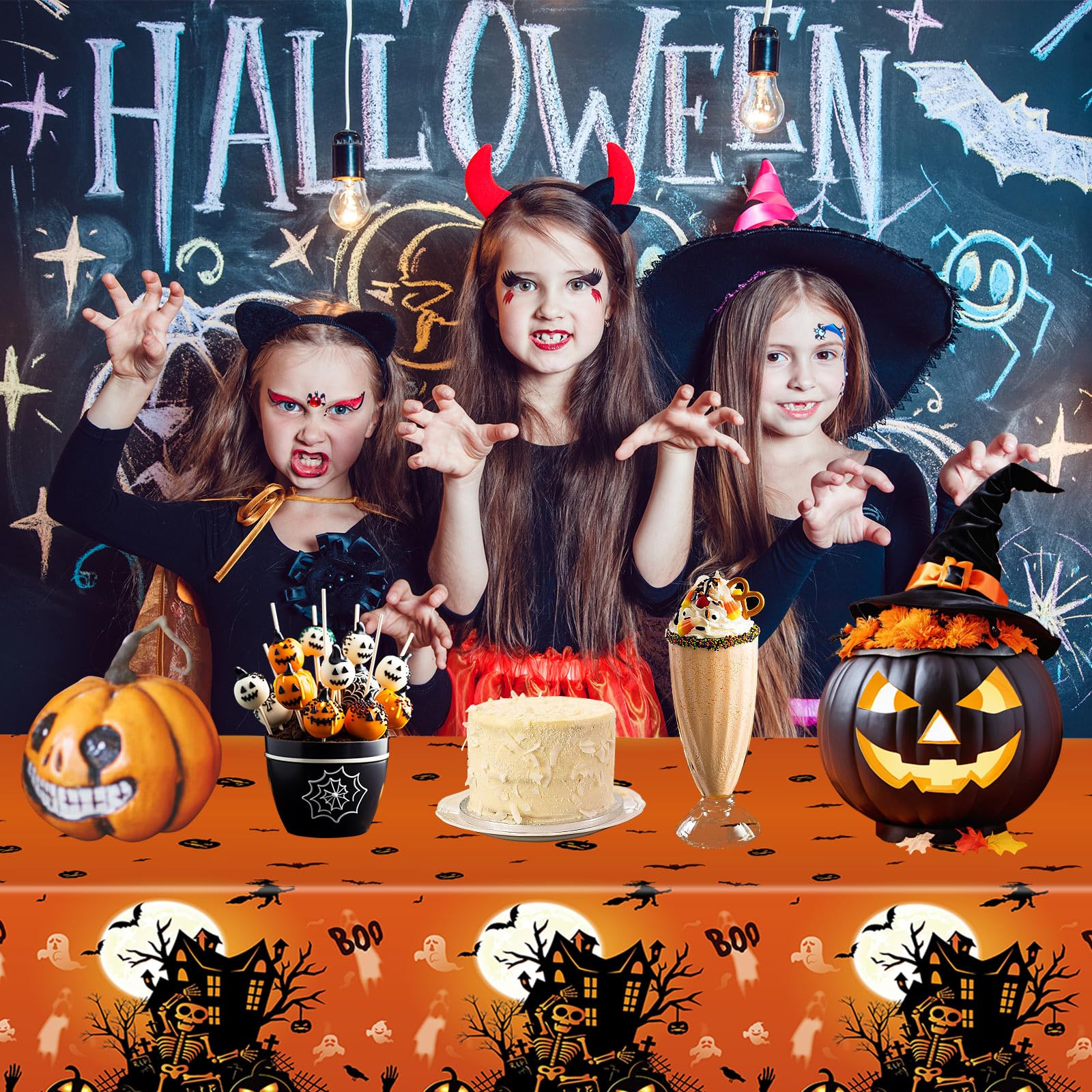 2 Pack Halloween Table Cloth Party,137x274cm Rectangle Large Plastic Orange Tablecloth Skeleton Party Tableware Decor,Halloween Tablecovers Party for Winter Holiday Halloween Party Dinner Table Cloths - Image 4