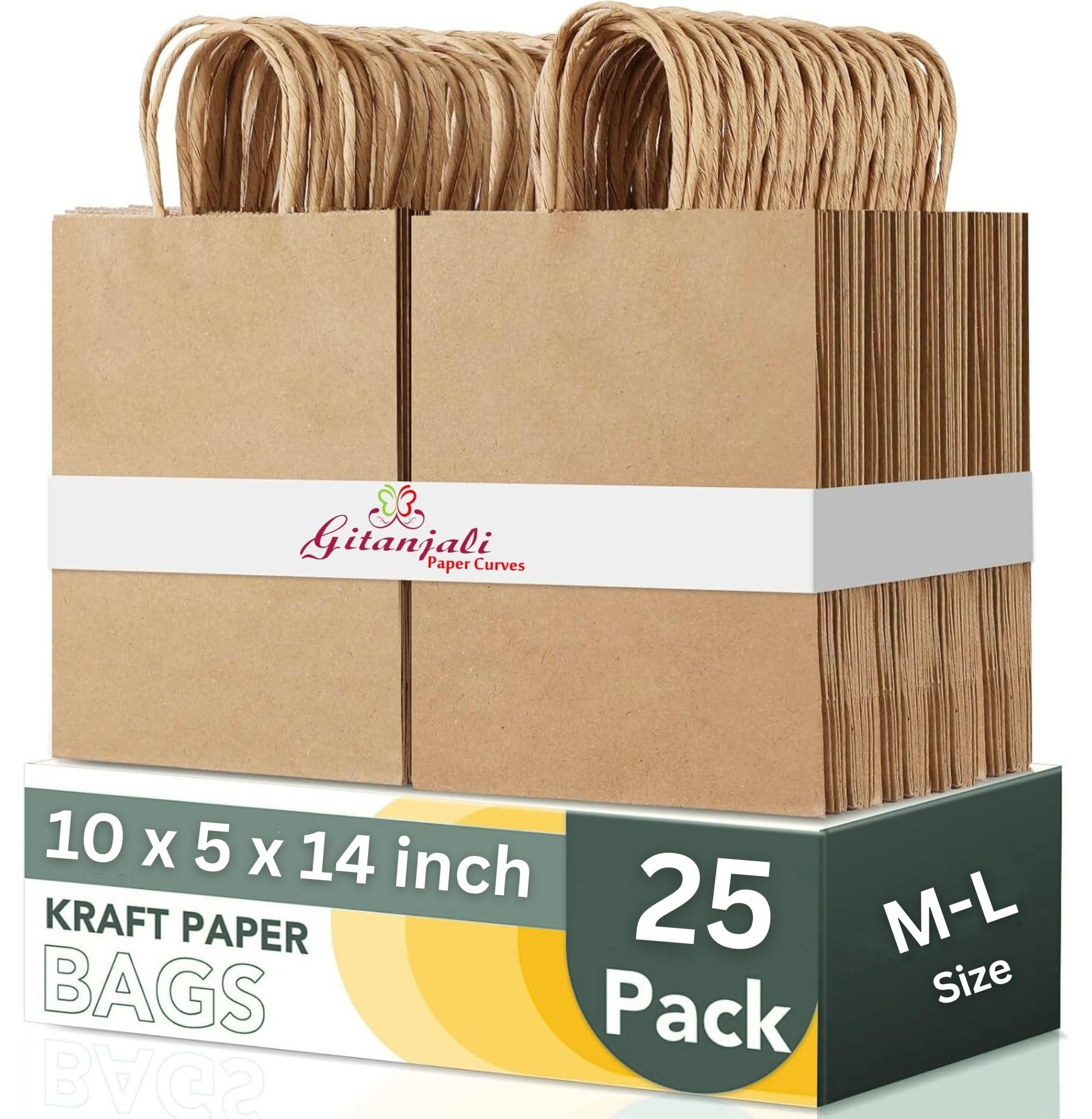 Gitanjali Paper Curves -Disposable Kraft Paper Bags 10X14X5 Inches(Brown)25Pcs -Shopping Merchandise Grocery Retail Paper Carry Bags, Craft Paper Durable Diy Gift Bag -Recycled Paper Bags(25 Pcs)