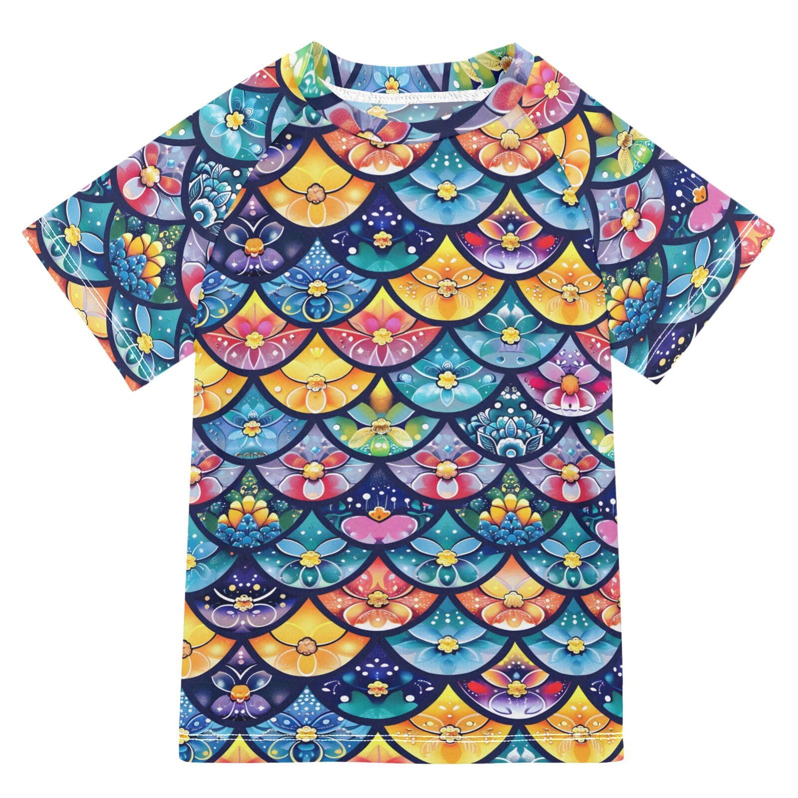 ALAZA Kids Rash Guard Toddler Swim Shirt Boy Girls Flower UPF 50+ Short Sleeve 4T